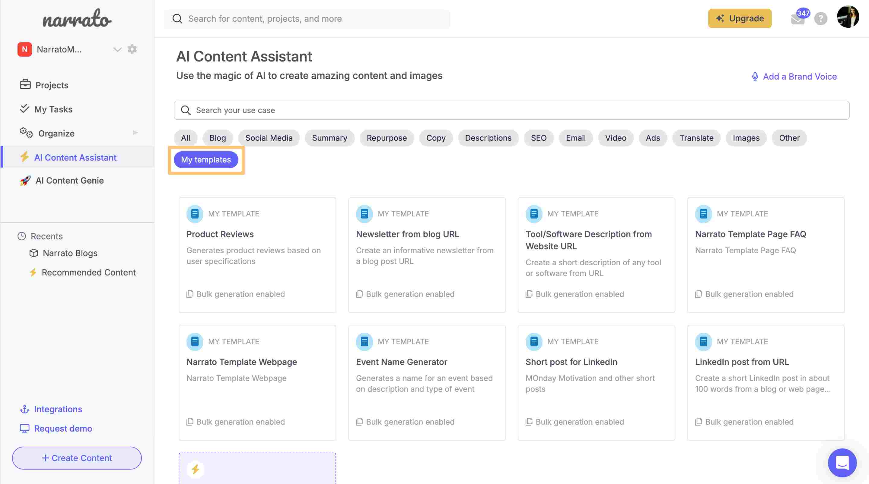Custom AI templates on Narrato AI Content Assistant