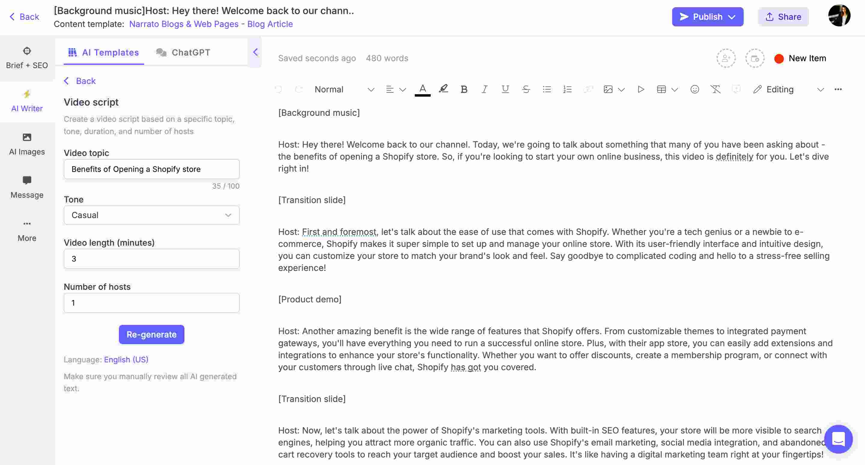 Narrato’s AI video script generator