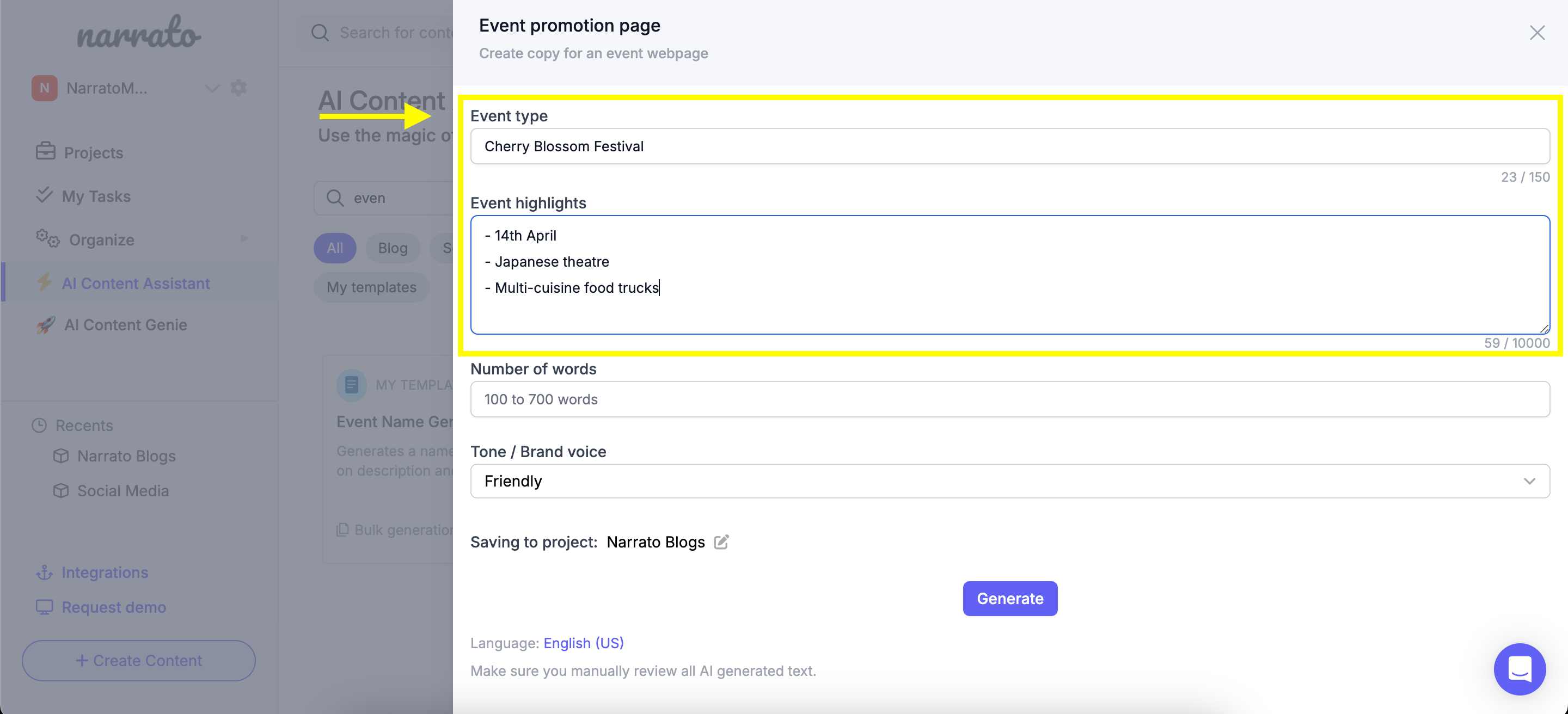 Entering event details into the AI event promotion webpage generator