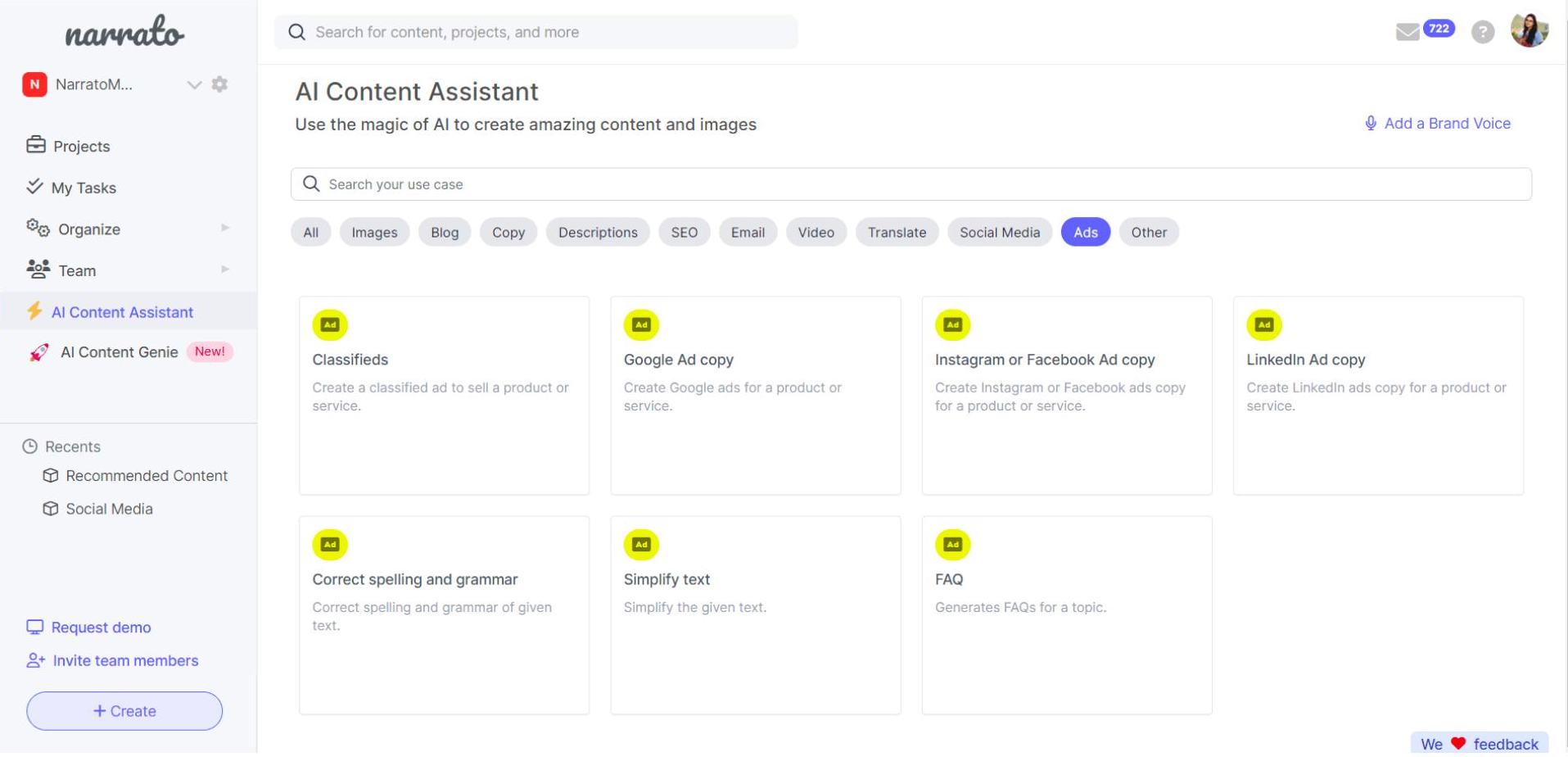 Narrato’s AI ad copy generator templates
