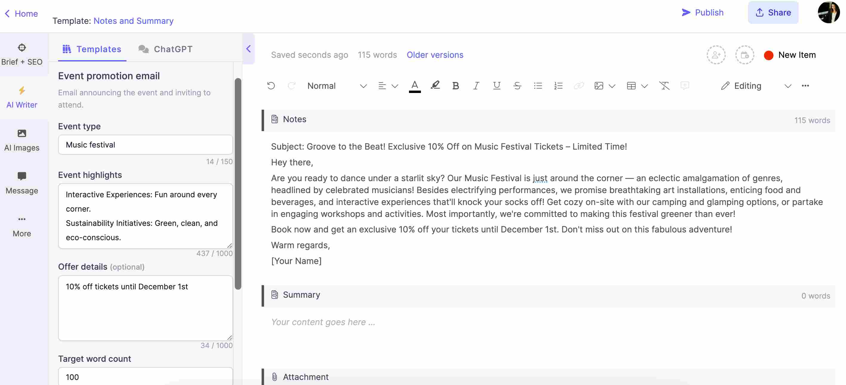 Generating a promotional email using Narrato’s AI email writer