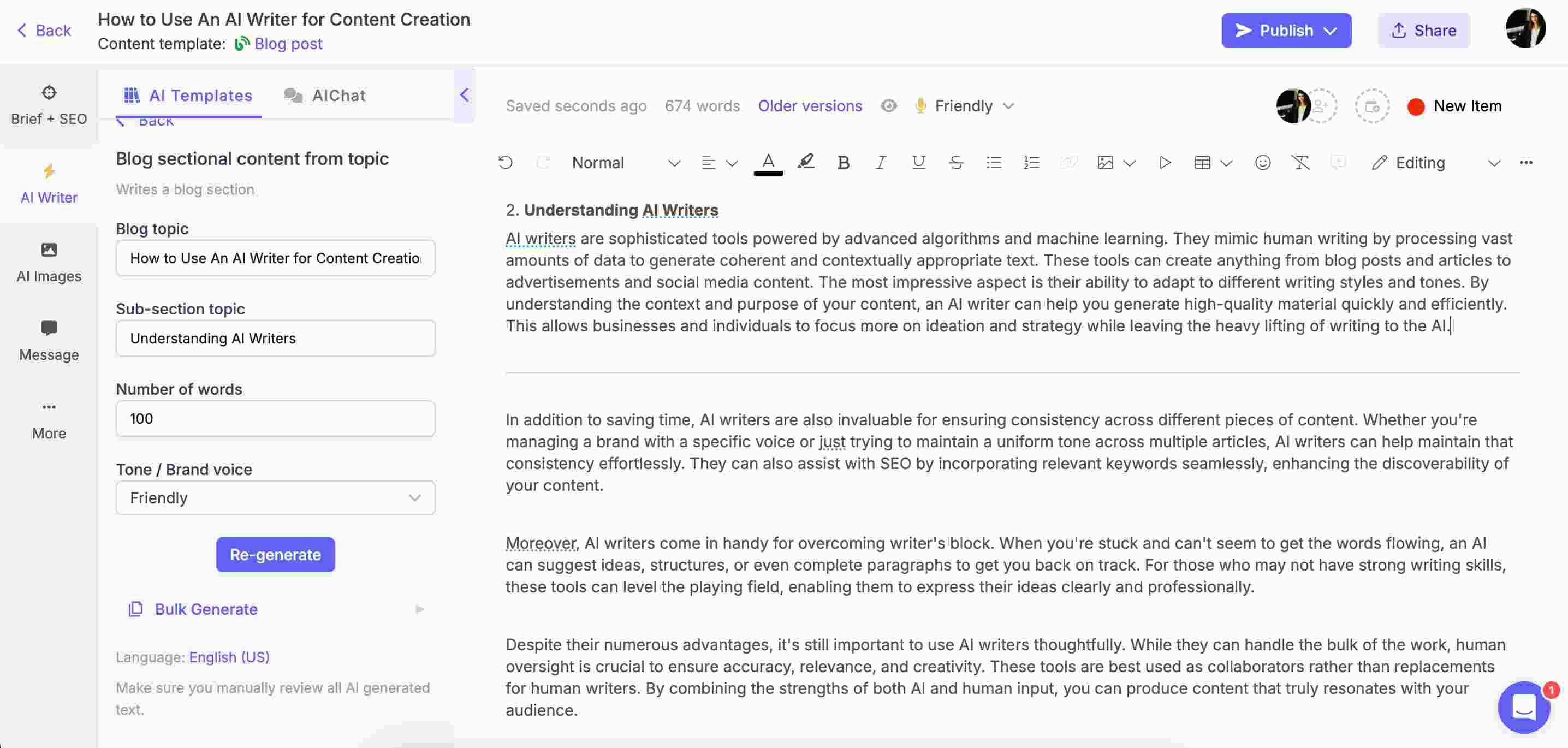 Generating blog sections with AI writer