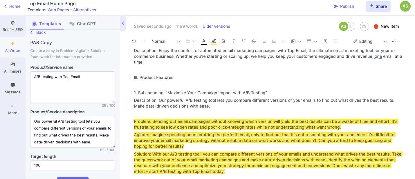 AI-generated copy using the PAS copywriting framework