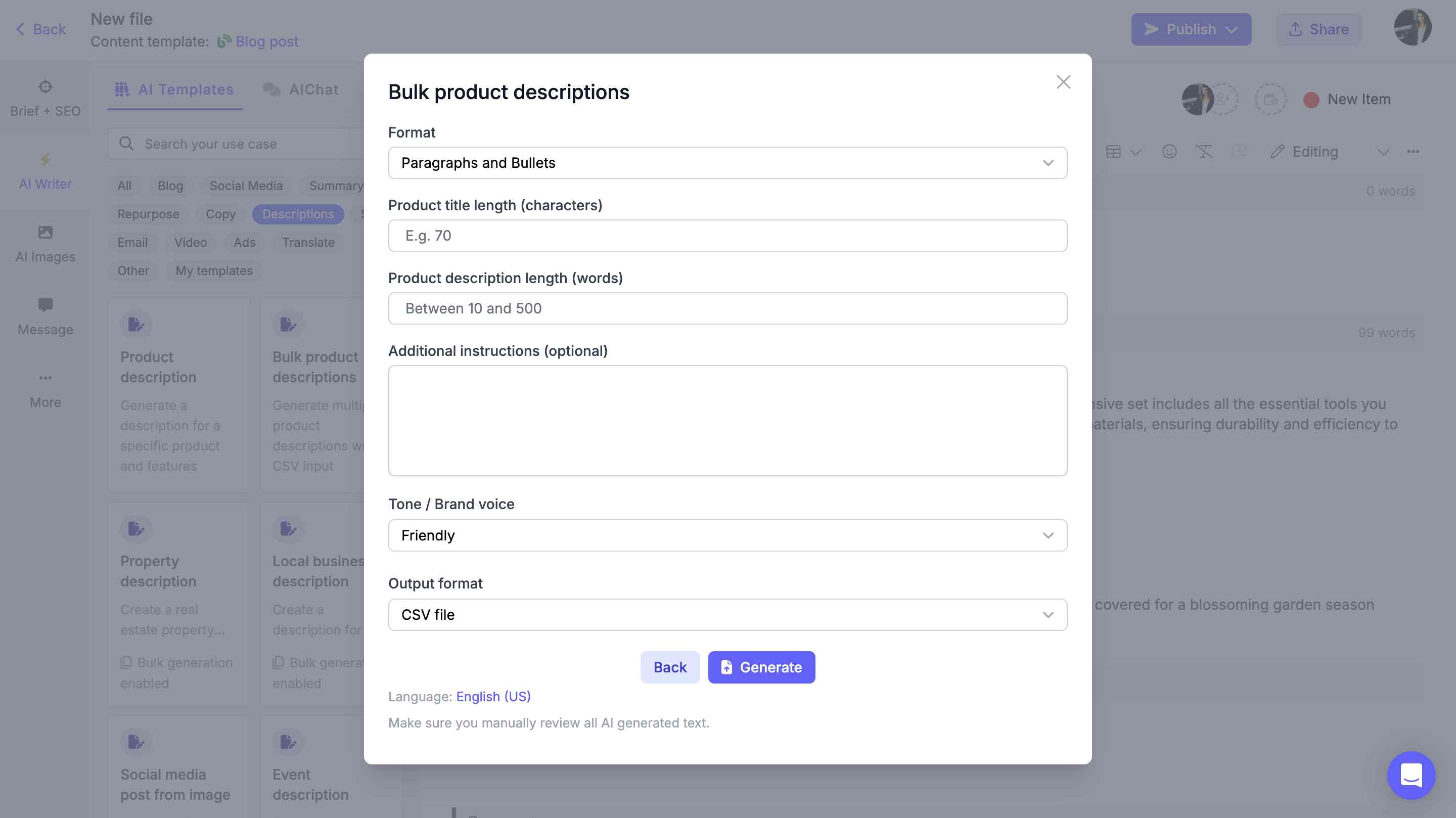 Narrato's AI bulk product description generator
