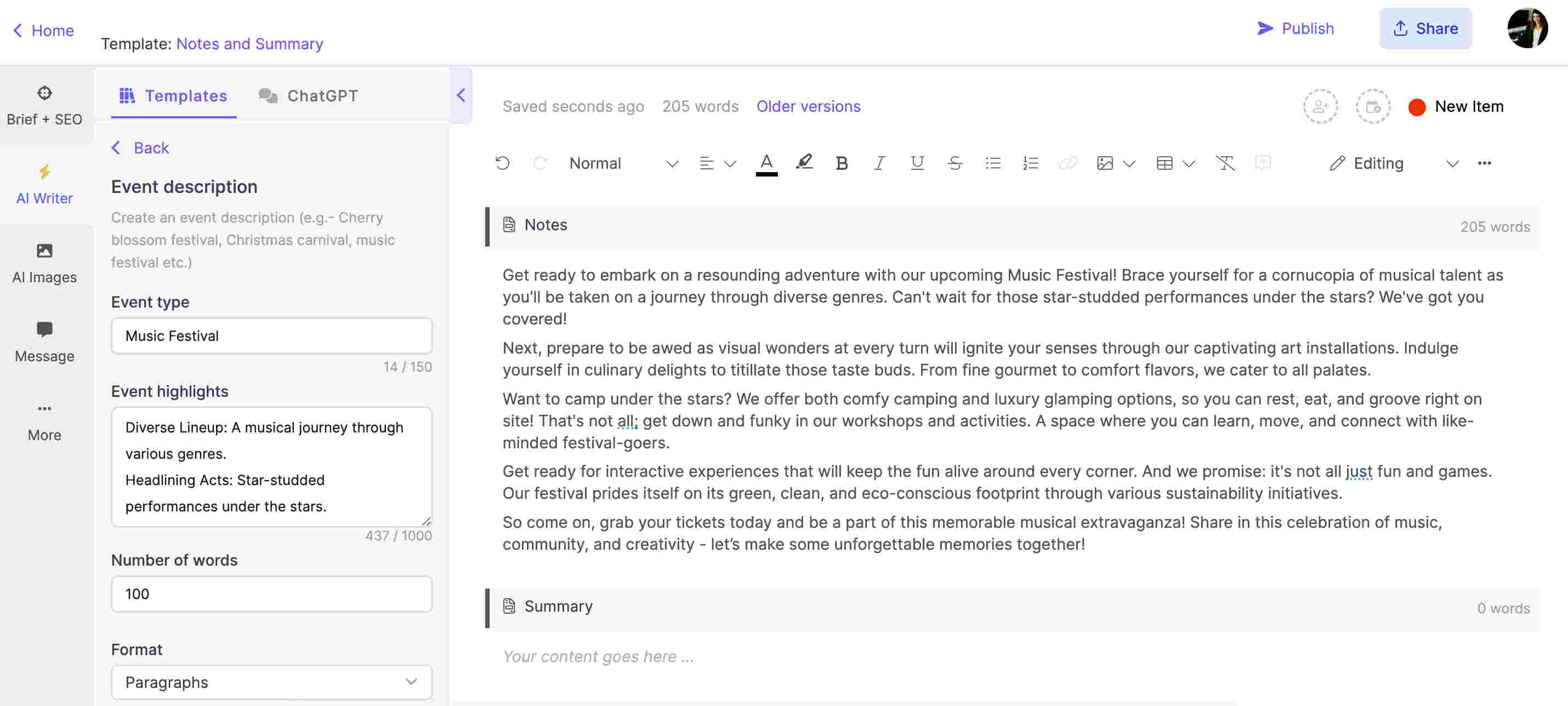 Generate an event description using Narrato’s AI content assistant