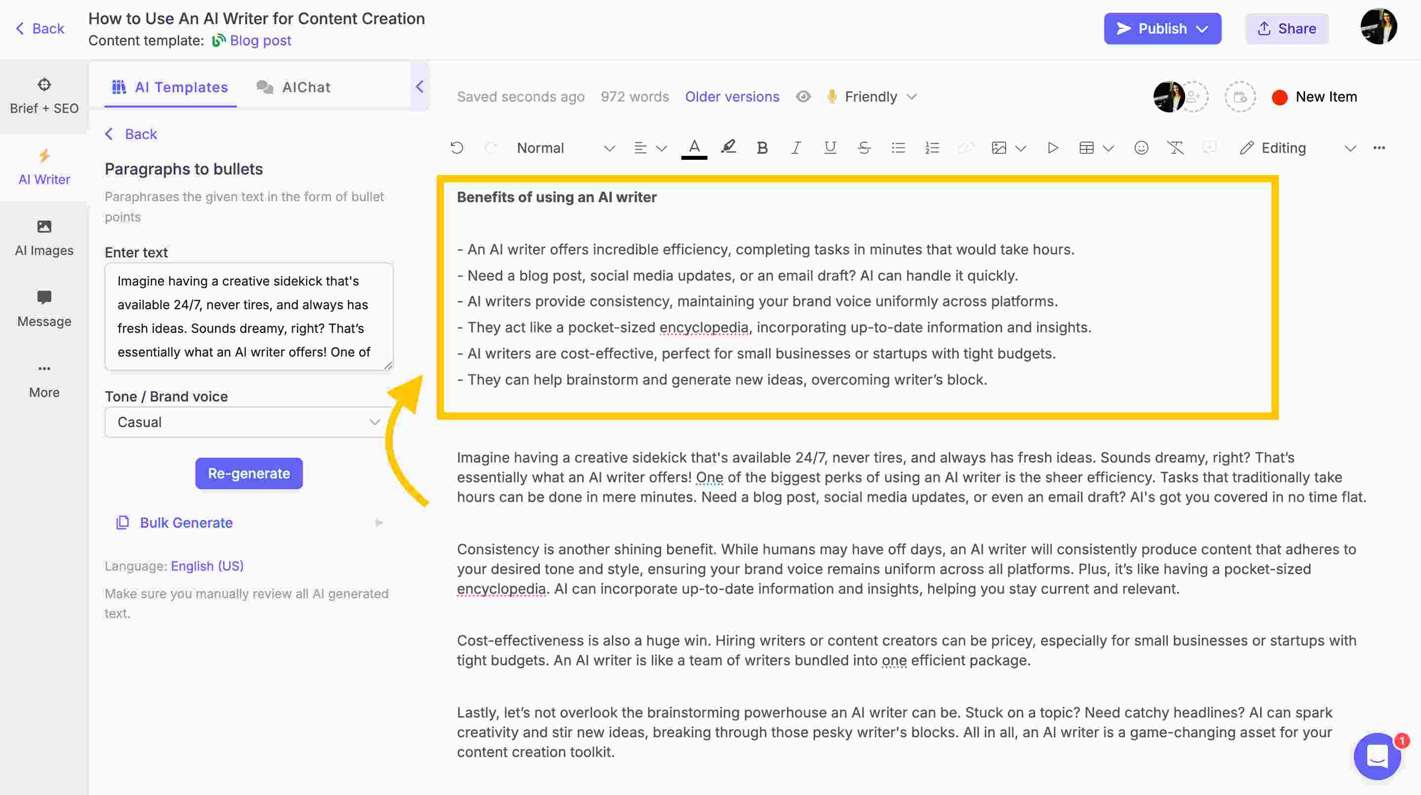 Converting paragraphs into bullets with AI