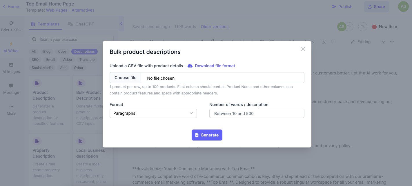Bulk AI Product Description Generator