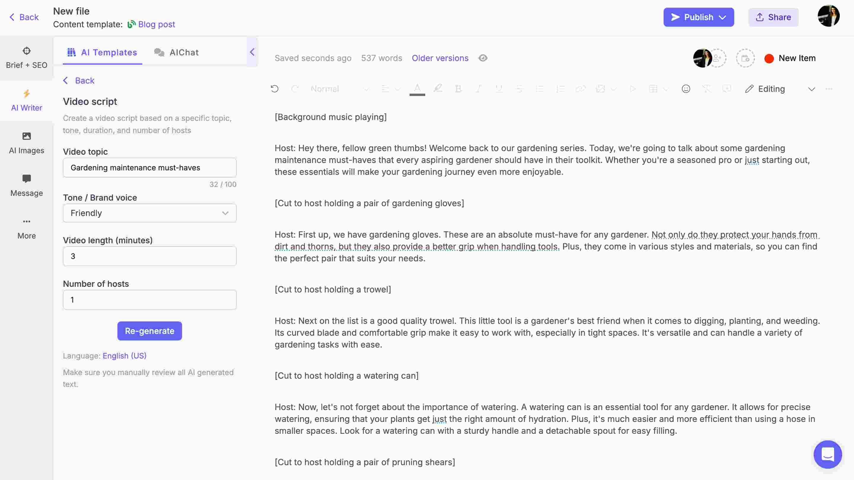 Generating a video script using Narrato AI