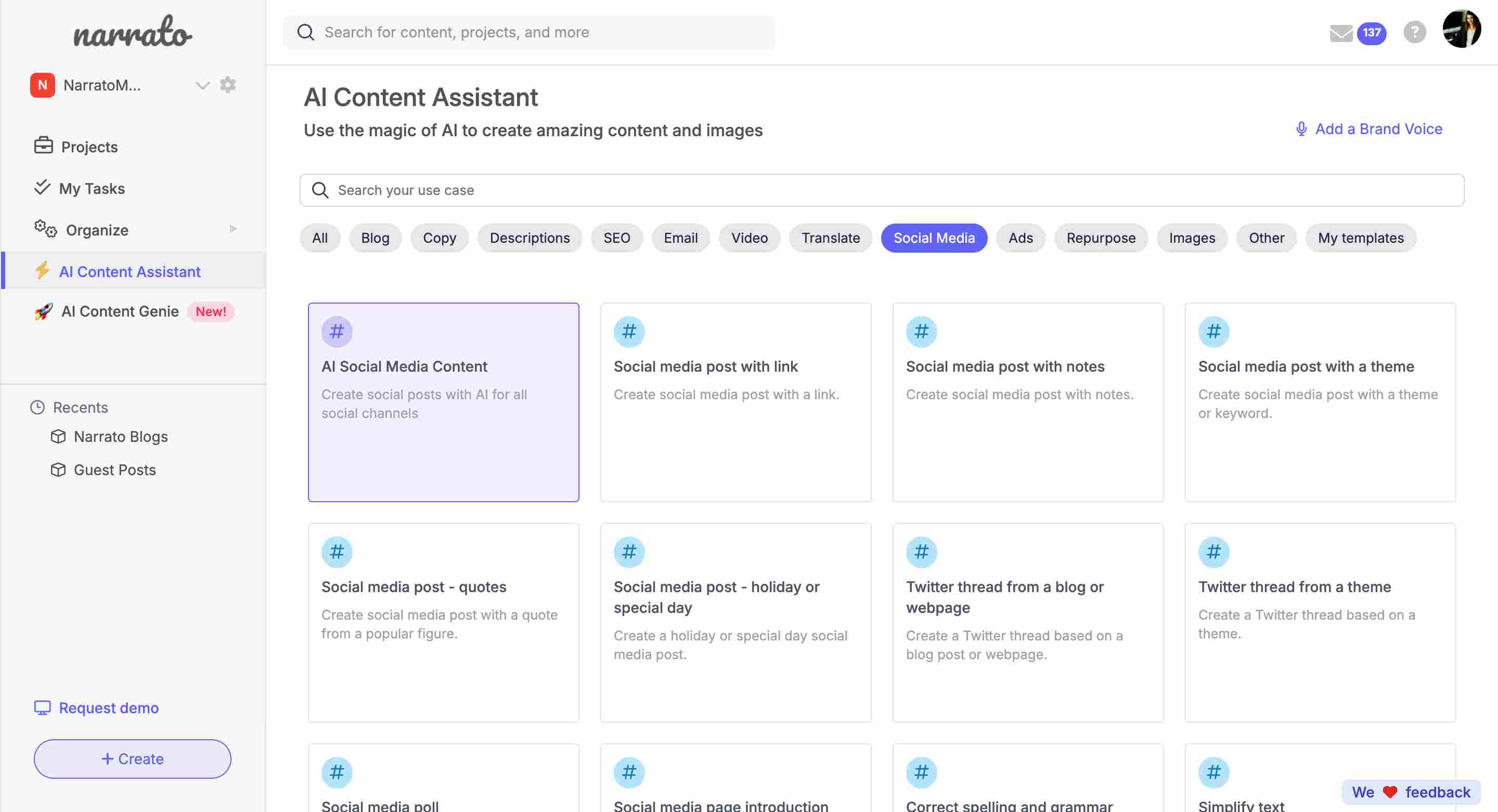 Narrato’s AI templates for social media content generation
