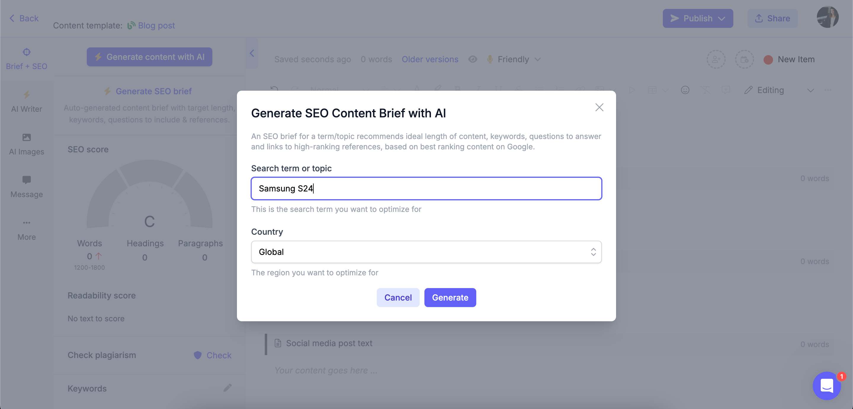 Narrato AI SEO brief generator