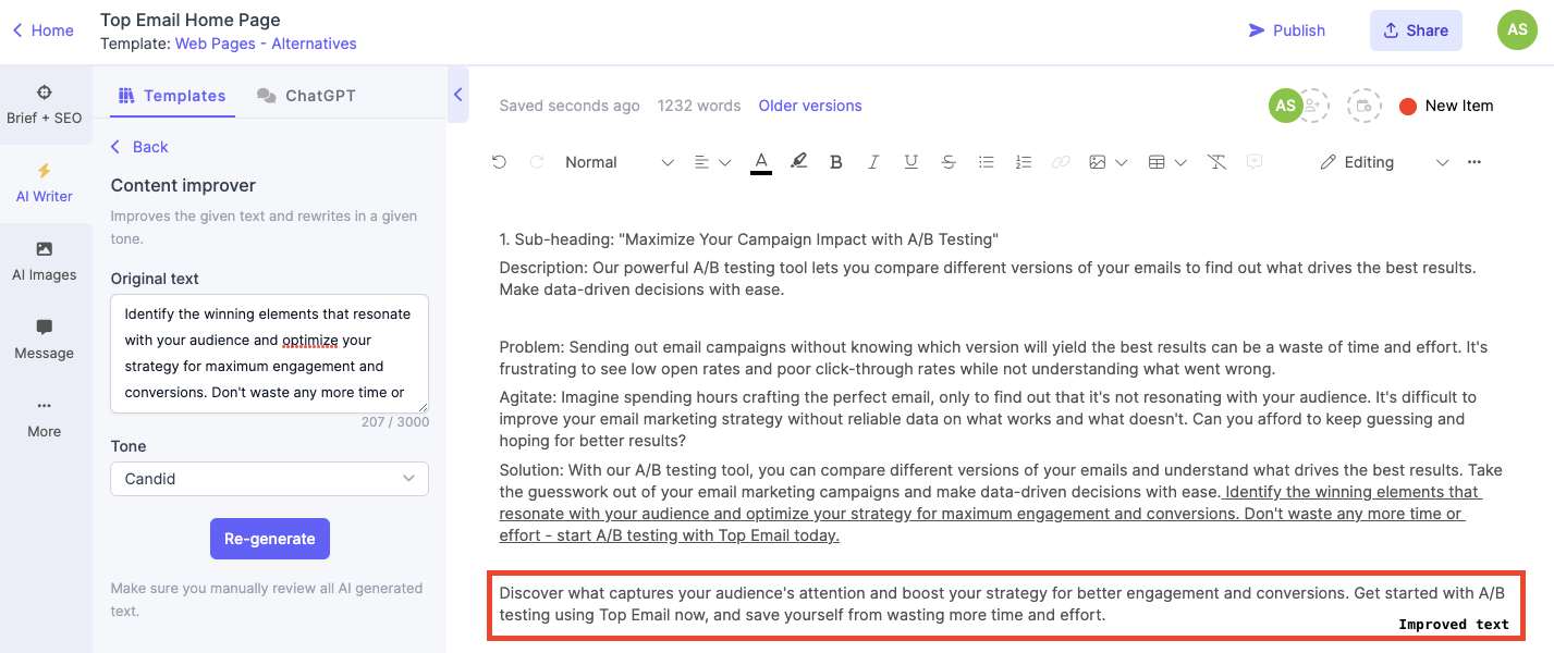 Content Improver on Narrato’s AI copywriter