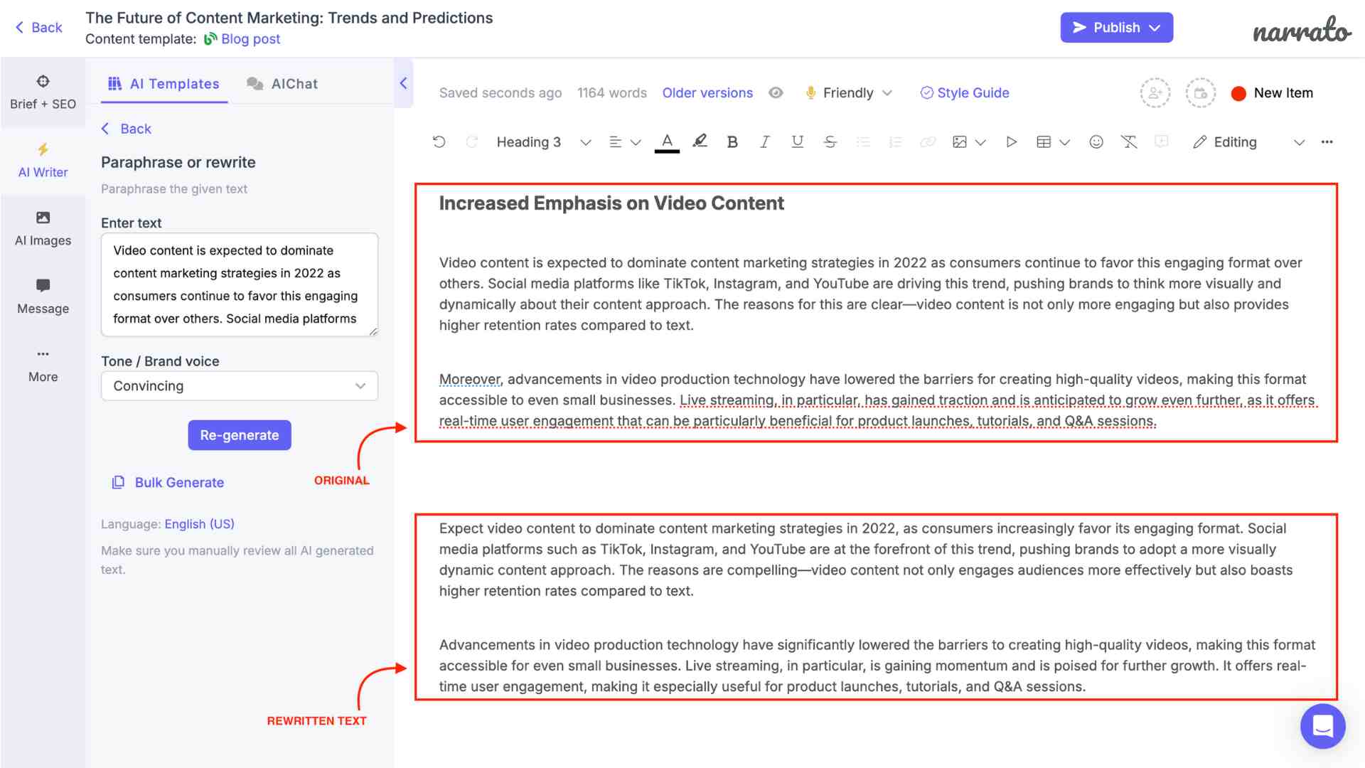 Narrato AI rewriting tools