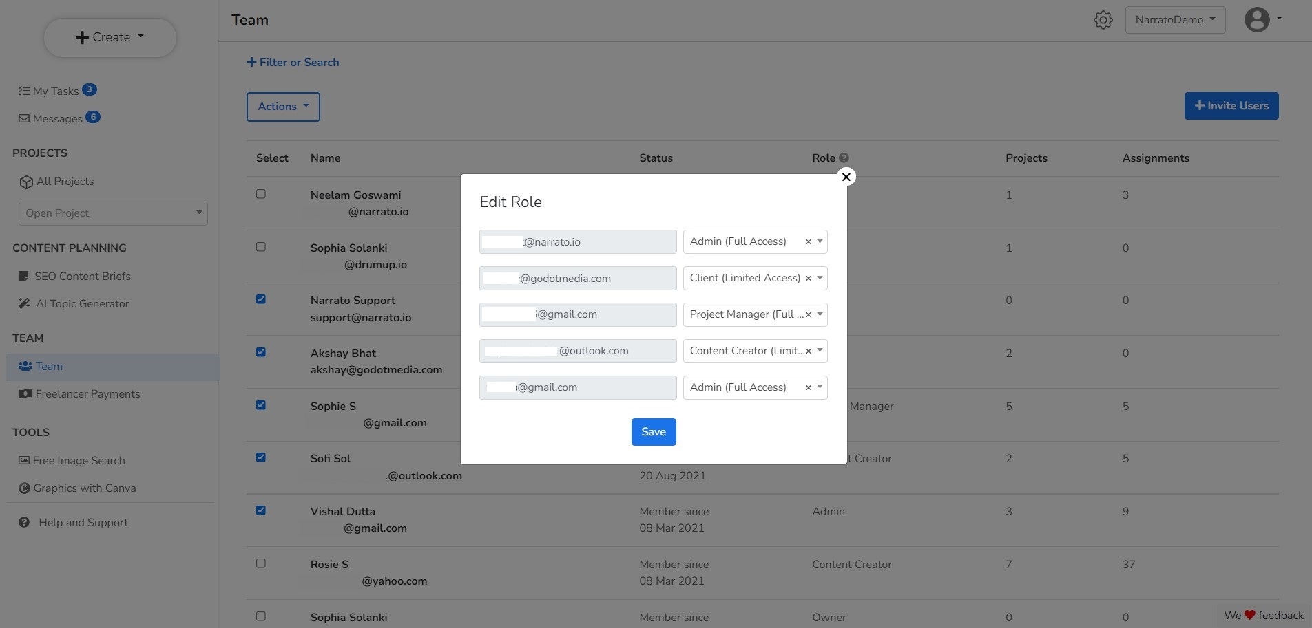 User roles on Narrato