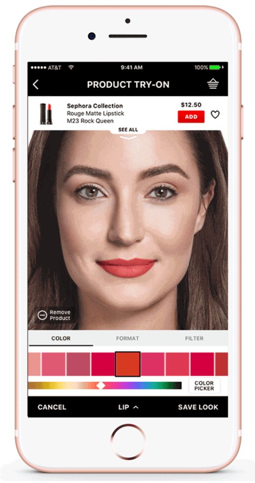 Image shows a screenshot of the Augmented Reality tool available on beauty brand Sephora's mobile app