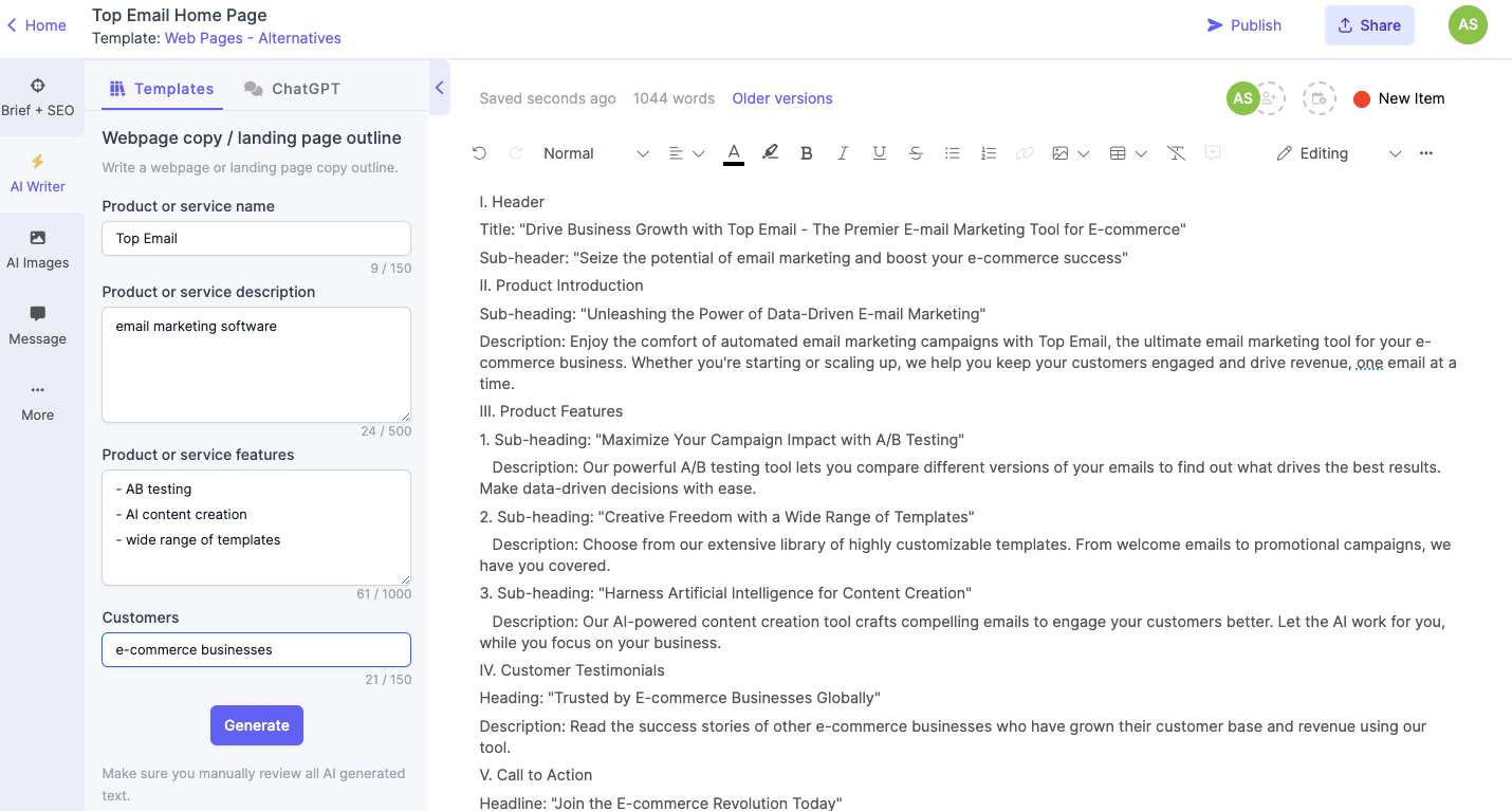 AI text generator for copywriting projects