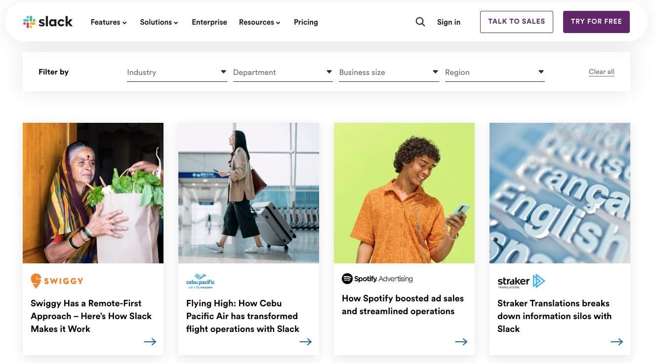 Case study filters on Slack website