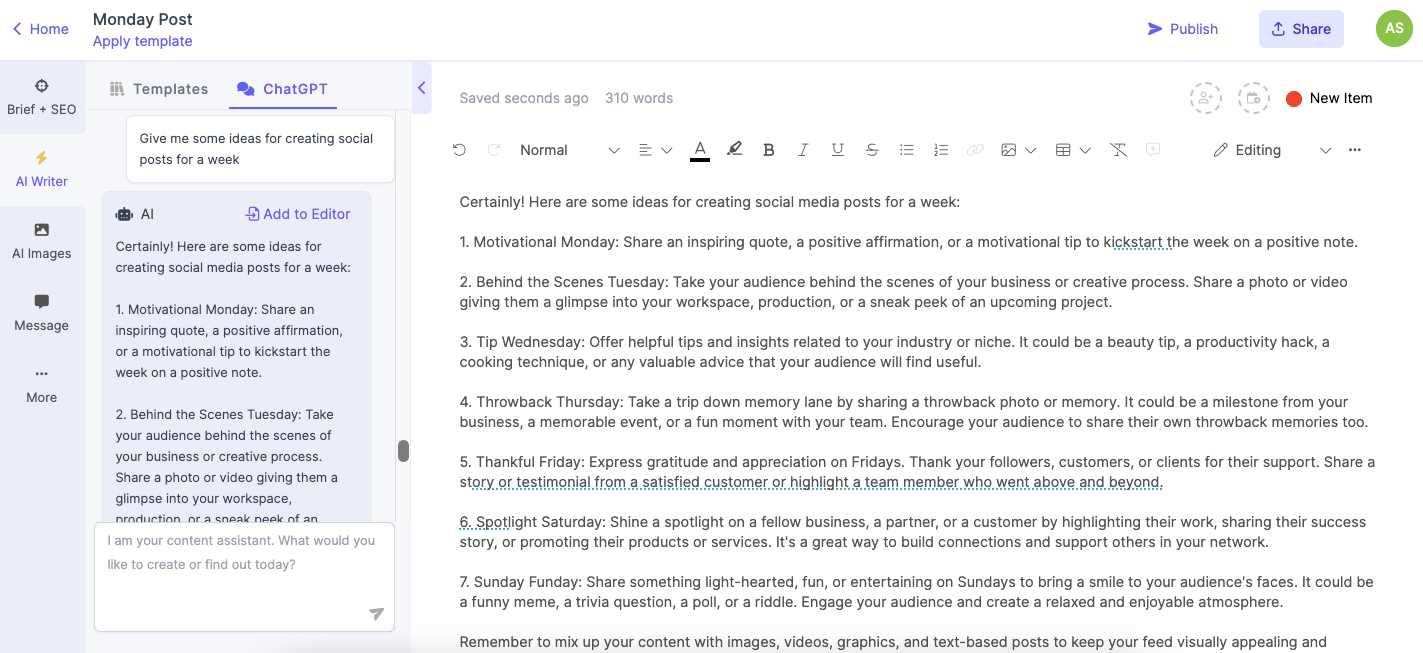 Narrato AI Chat for Social Post Ideas