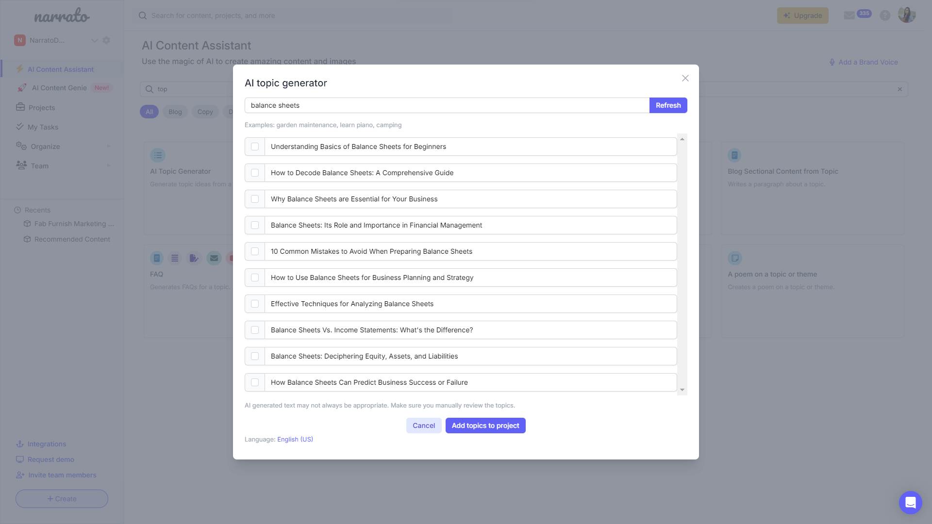Narrato AI content idea generator for marketing for accountants