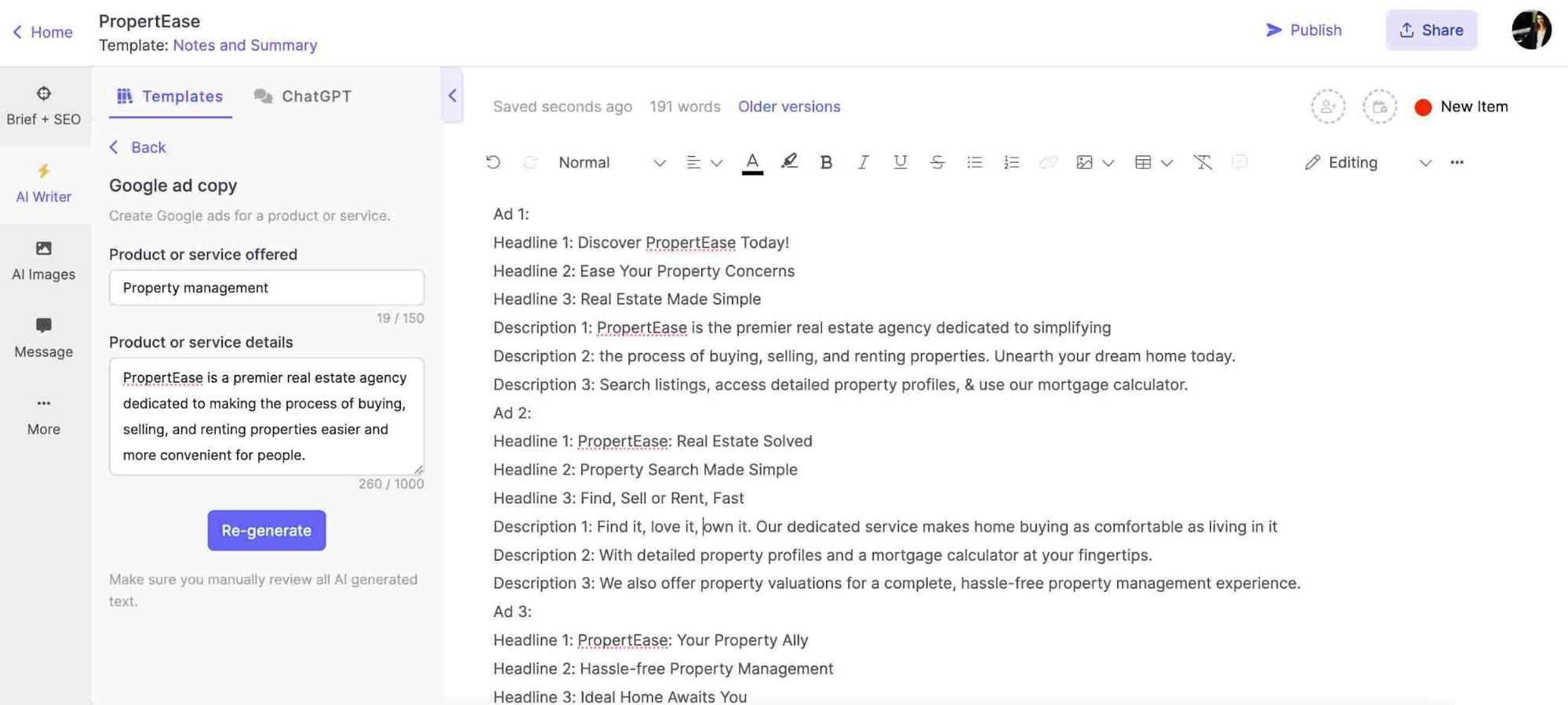 Narrato’s AI Google ad generator in action