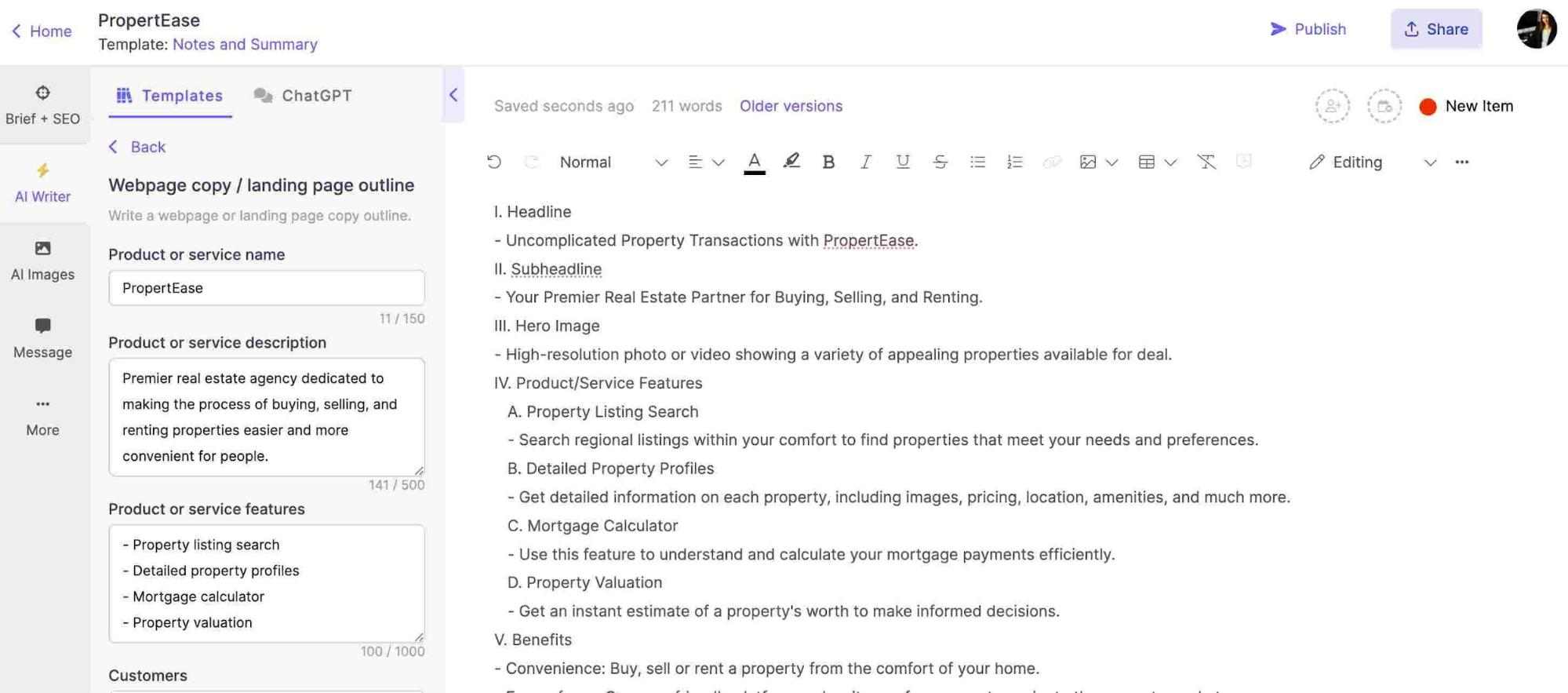 Narrato’s AI copywriter in action