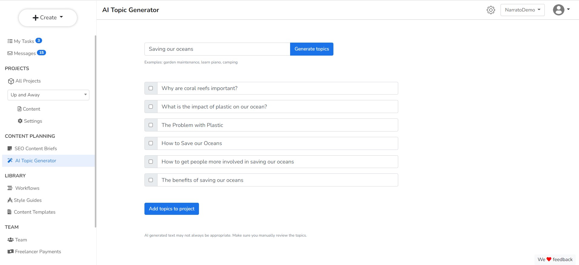 AI topic generator on Narrato