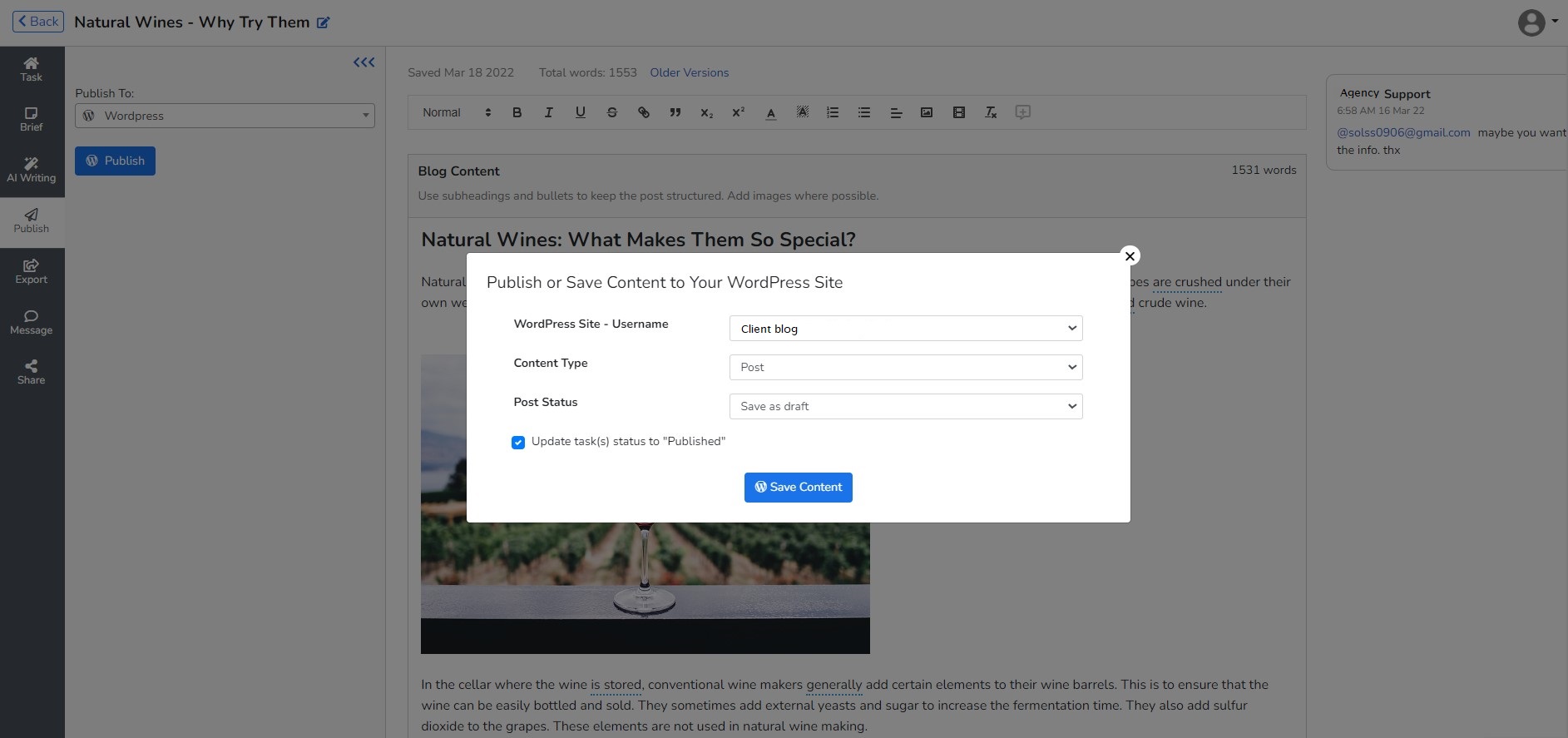 publishing support on Narrato