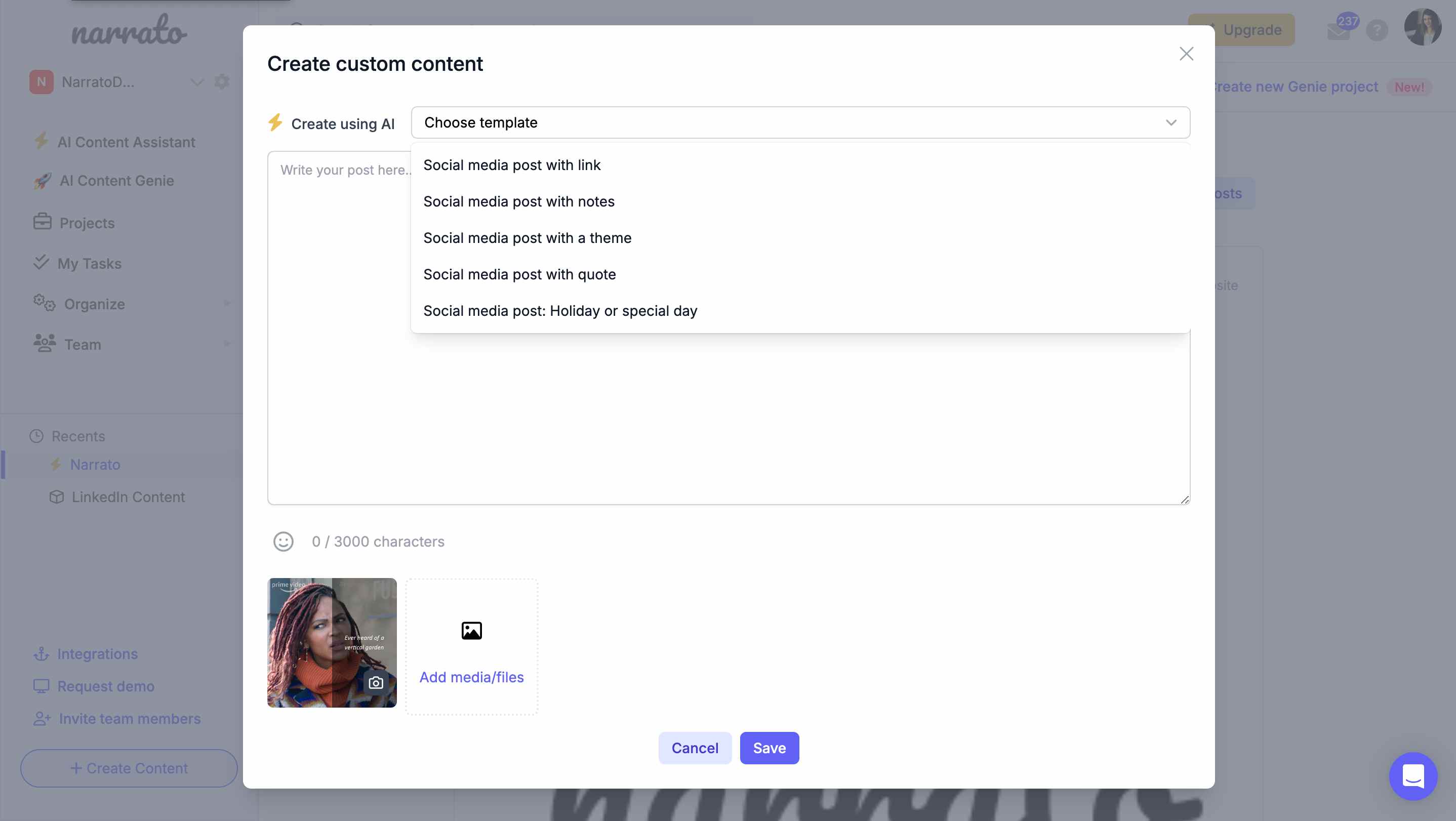 Creating social media post on Narrato