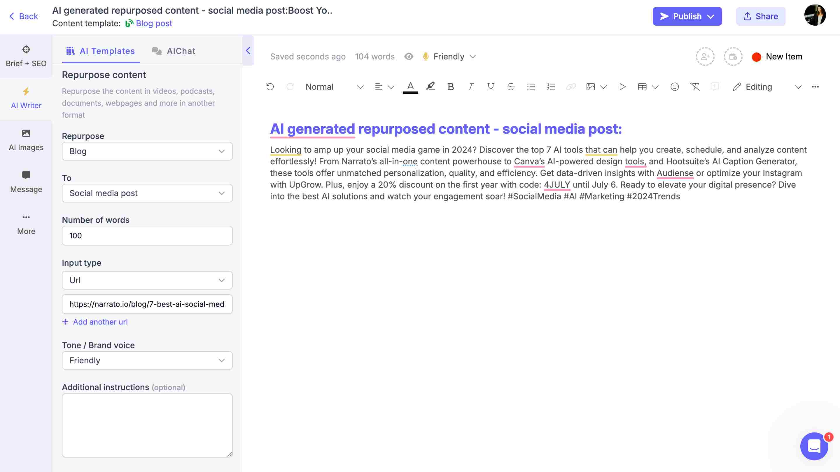 Narrato AI content repurposing tool