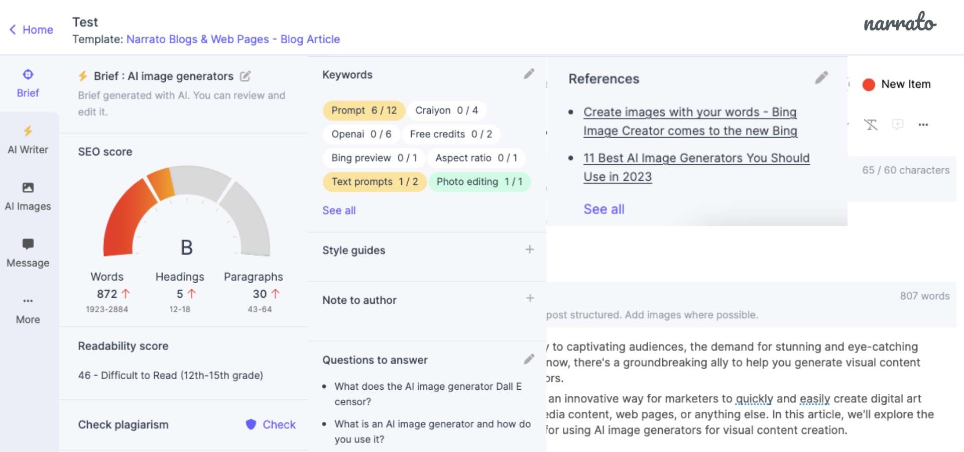 Narrato SEO content brief generator