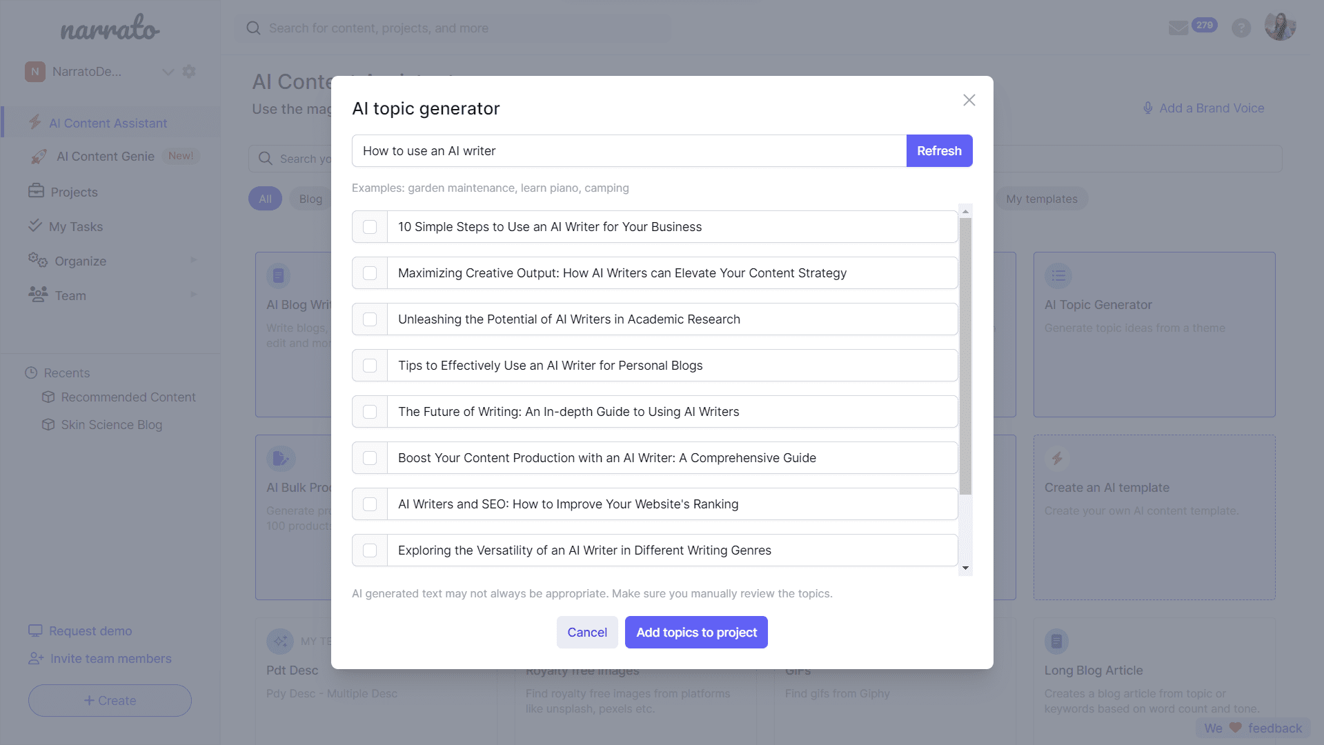 Narrato AI topic generator
