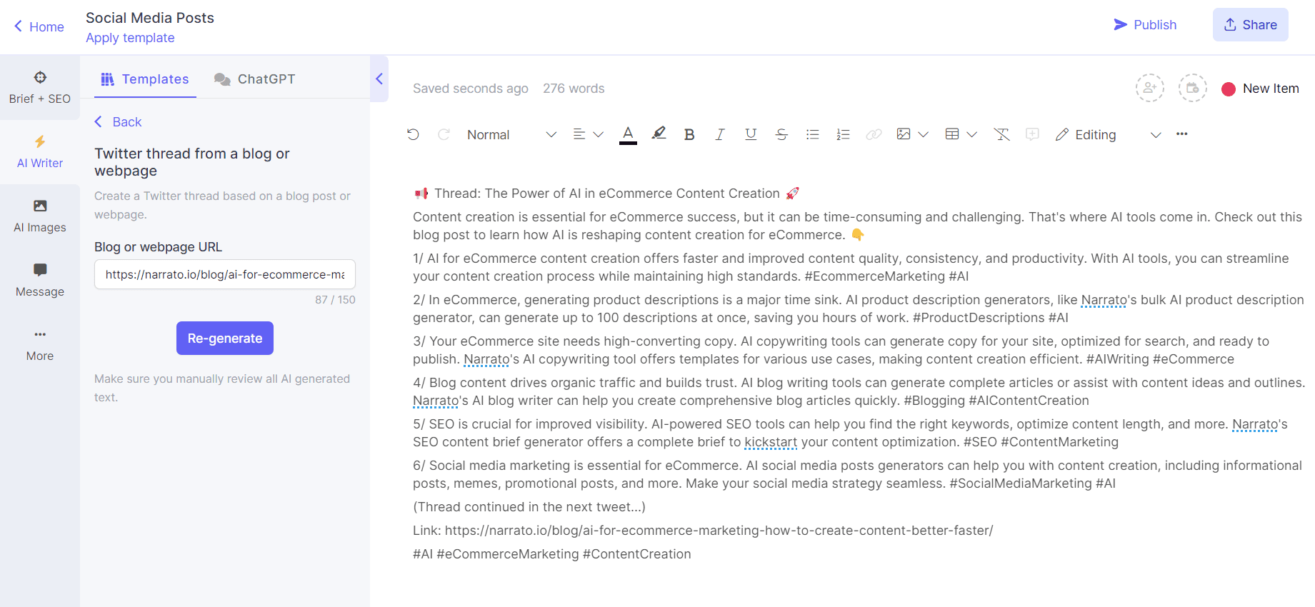 AI social media post generator on Narrato