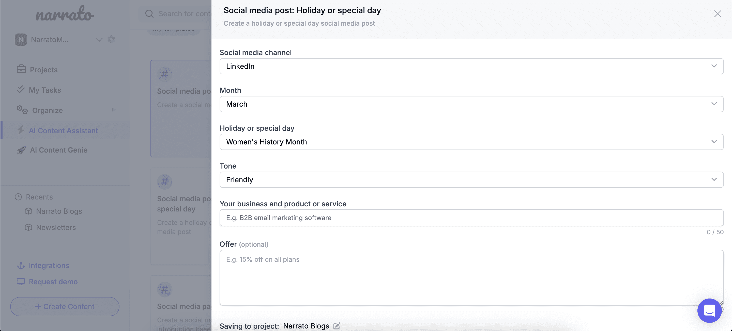 AI social media holiday posts generator template on Narrato