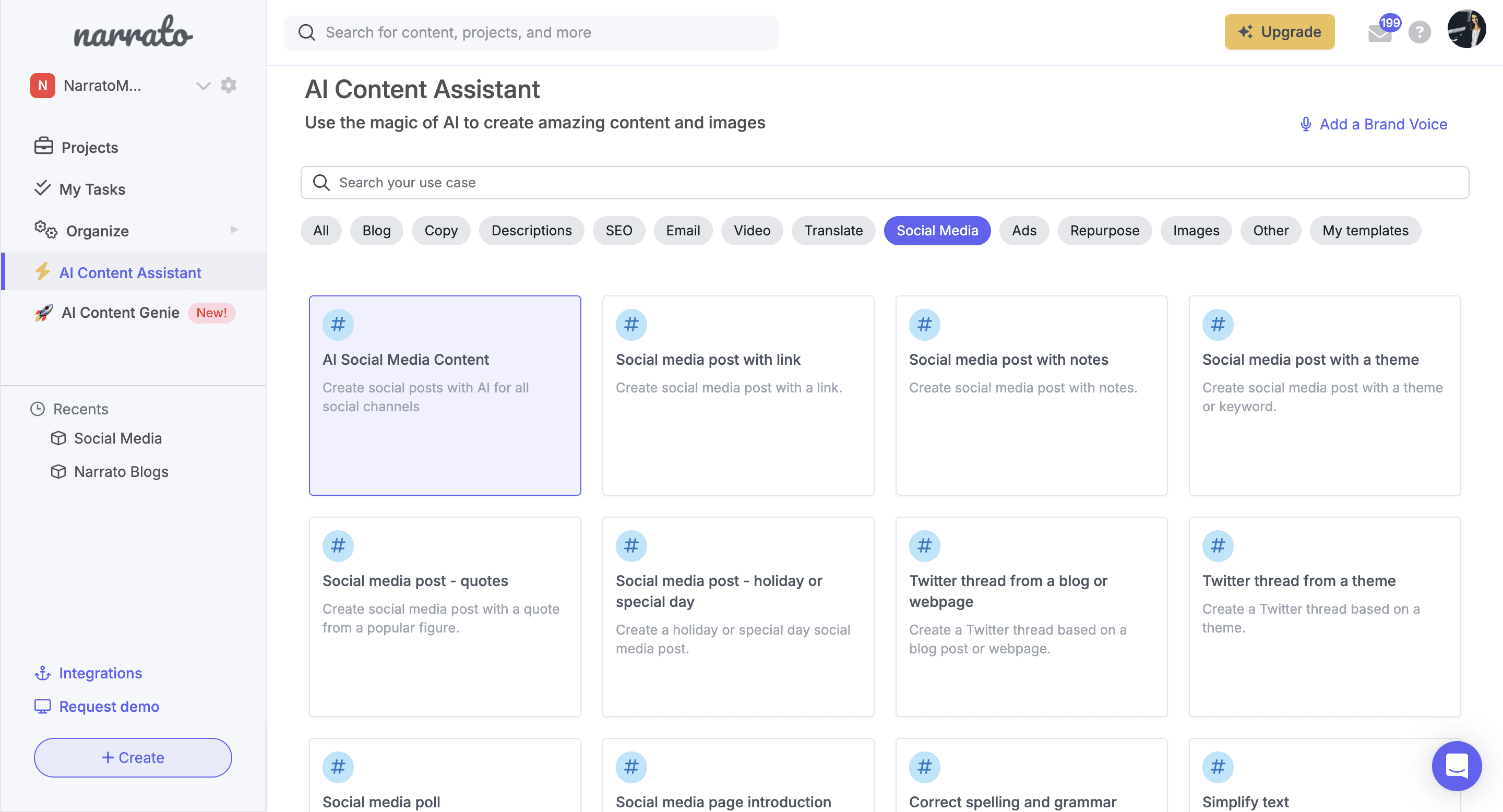 Narrato's AI social media content generator