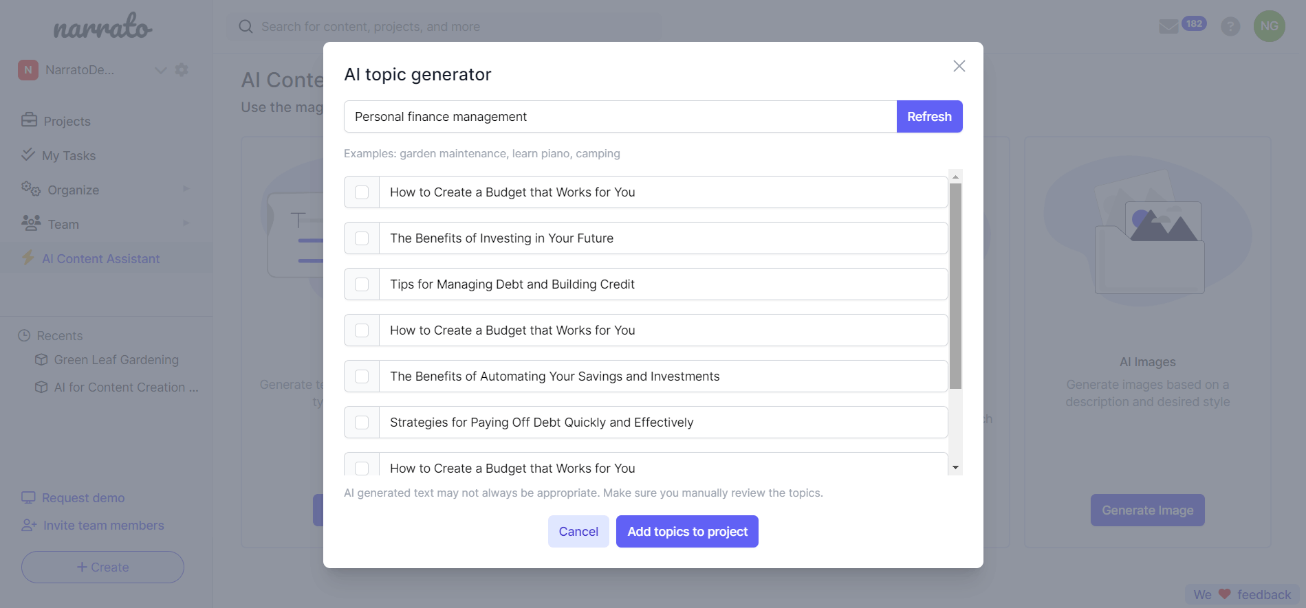 AI topic generator on Narrato