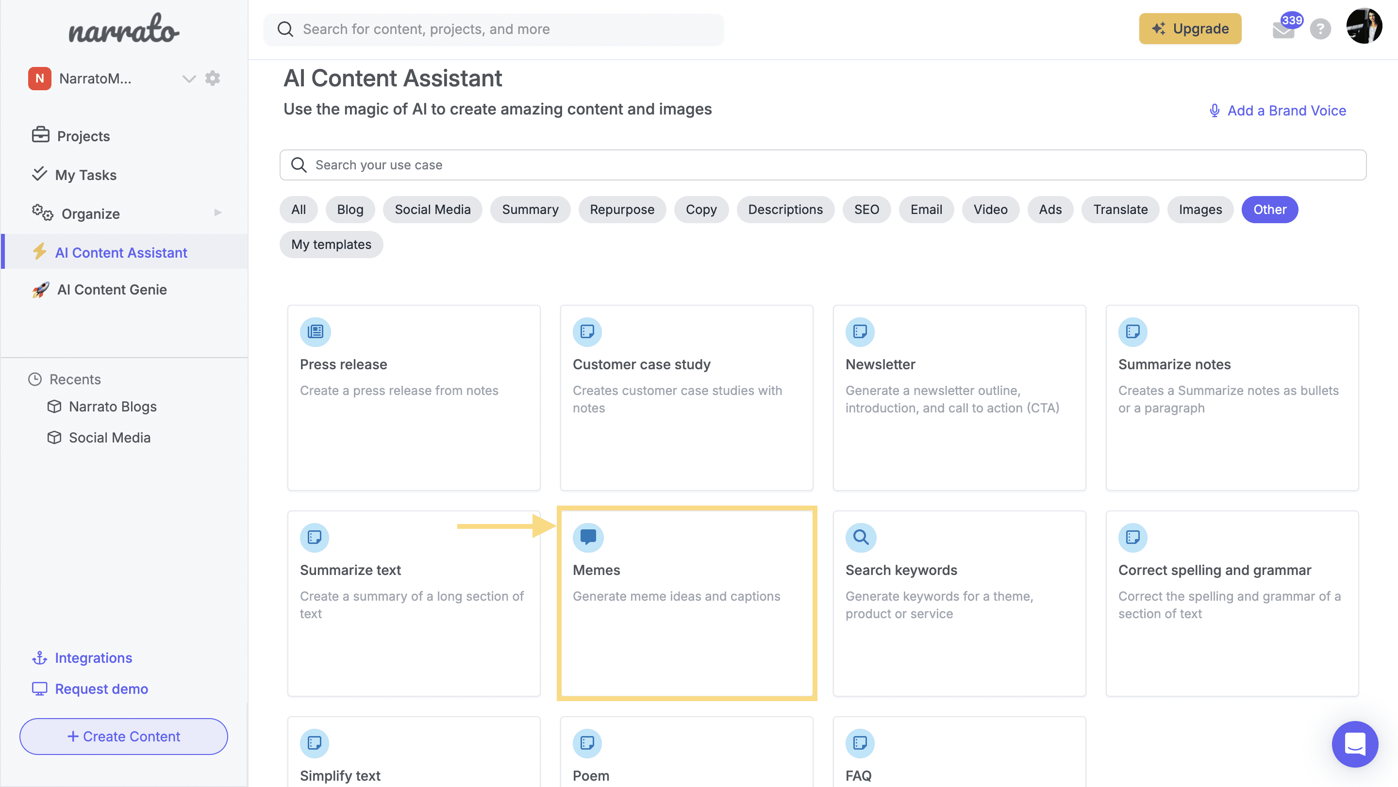 AI meme template on Narrato’s AI Content Assistant