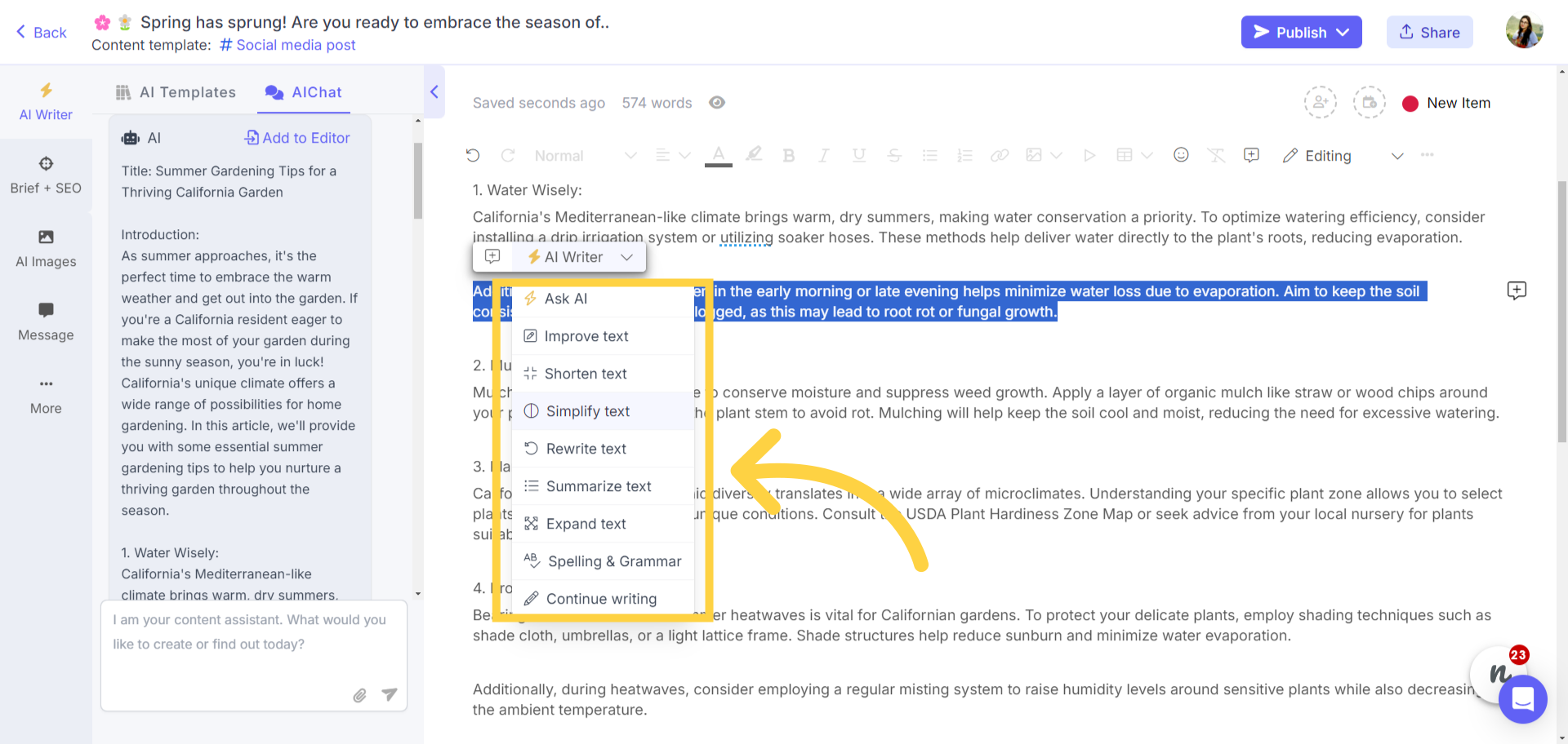 Selecting an action from the in-line AI assistant