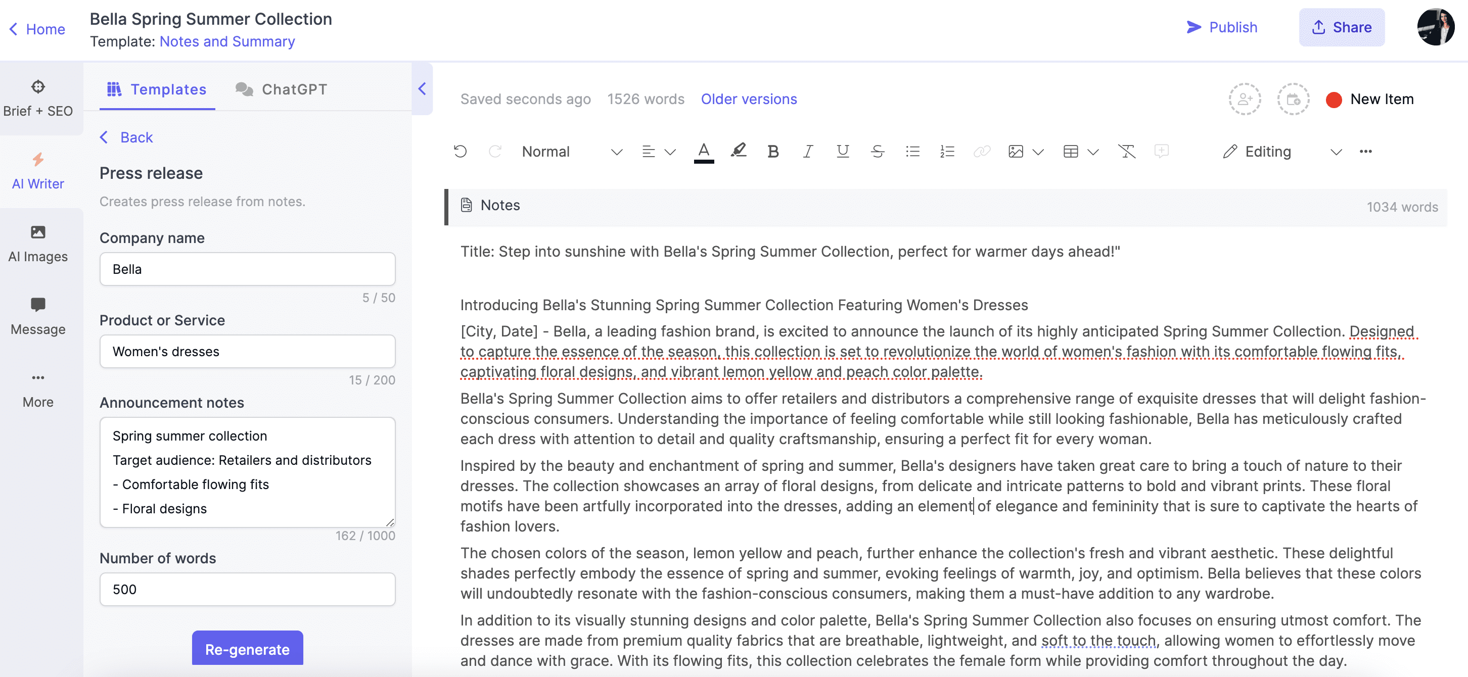 Narrato's AI press release generator in action