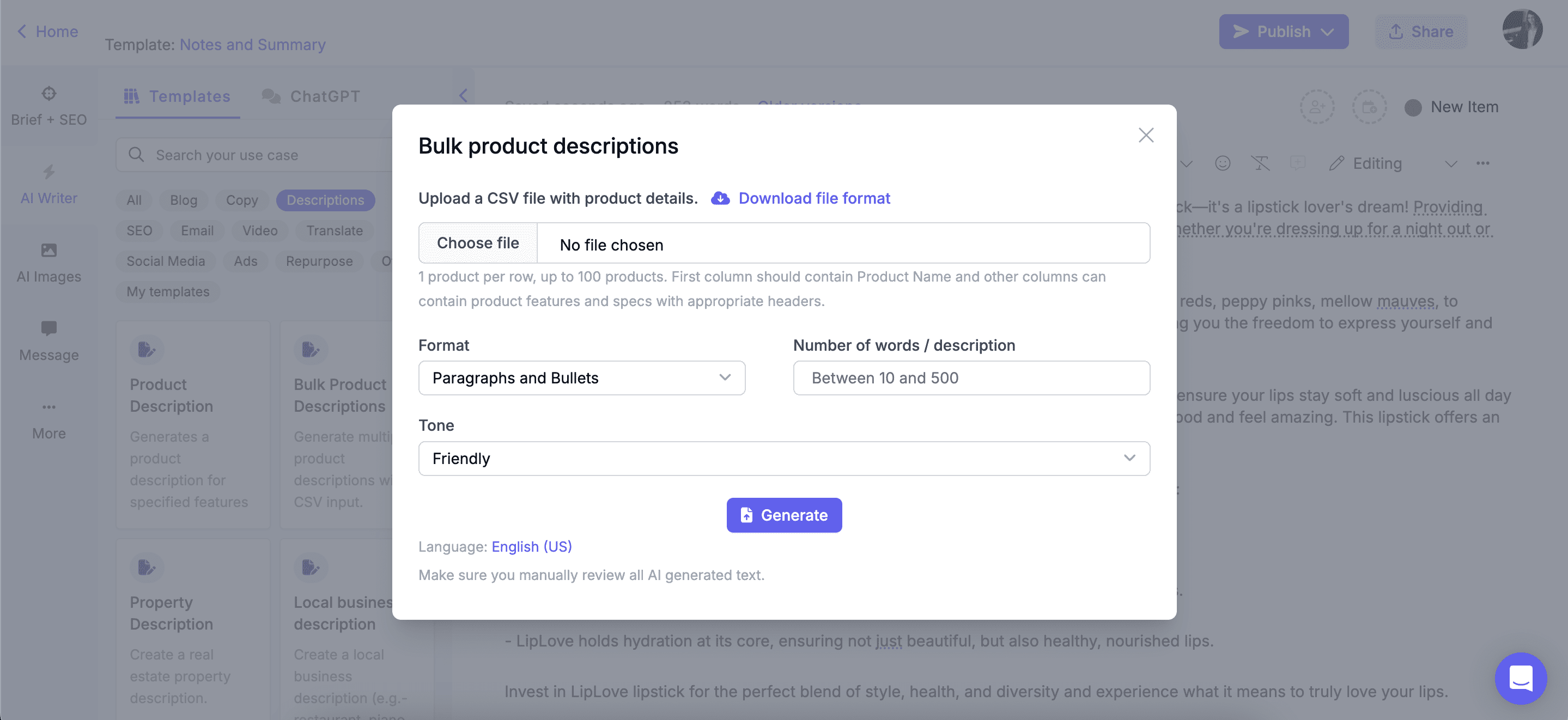 Narrato’s AI Bulk product description generator