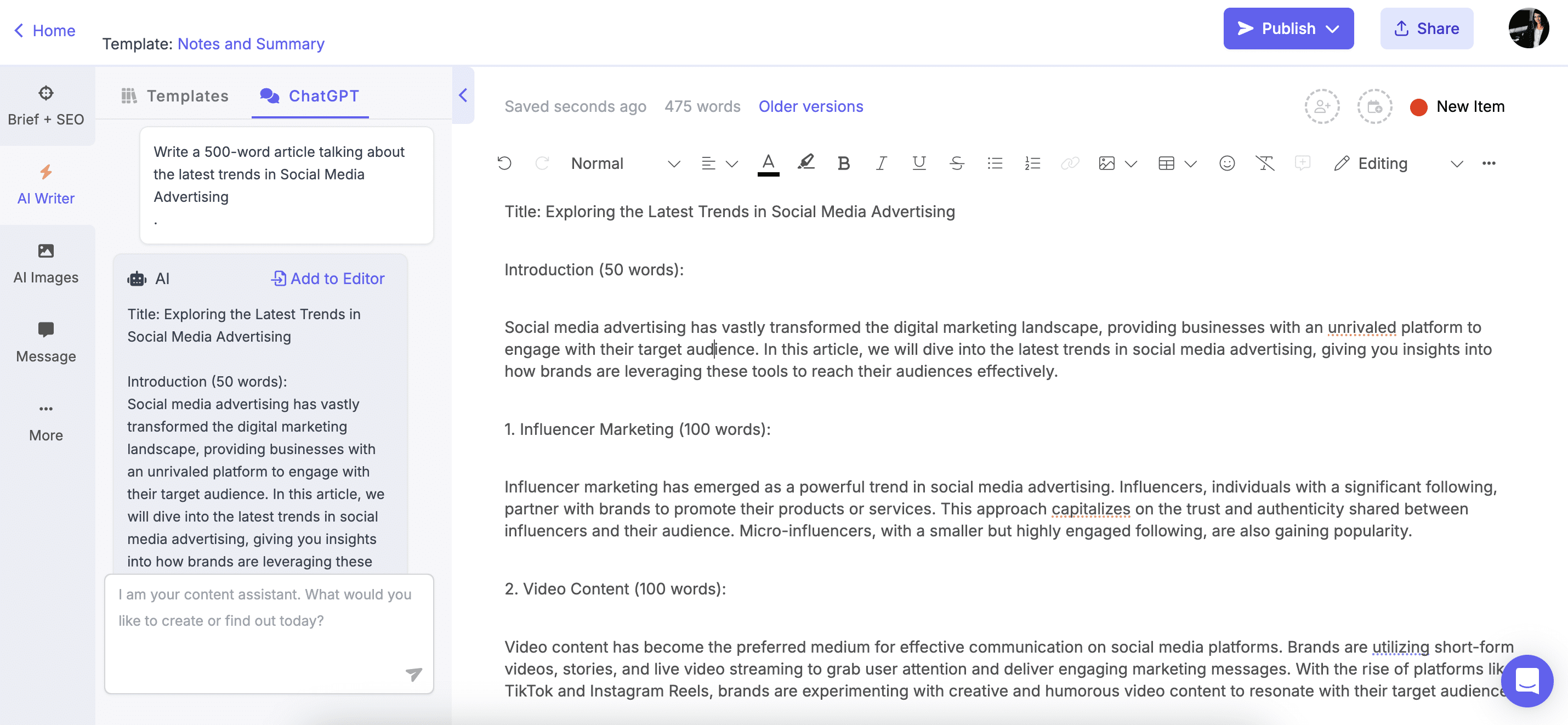 ChatGPT prompts for writing on Narrato’s AI Chat