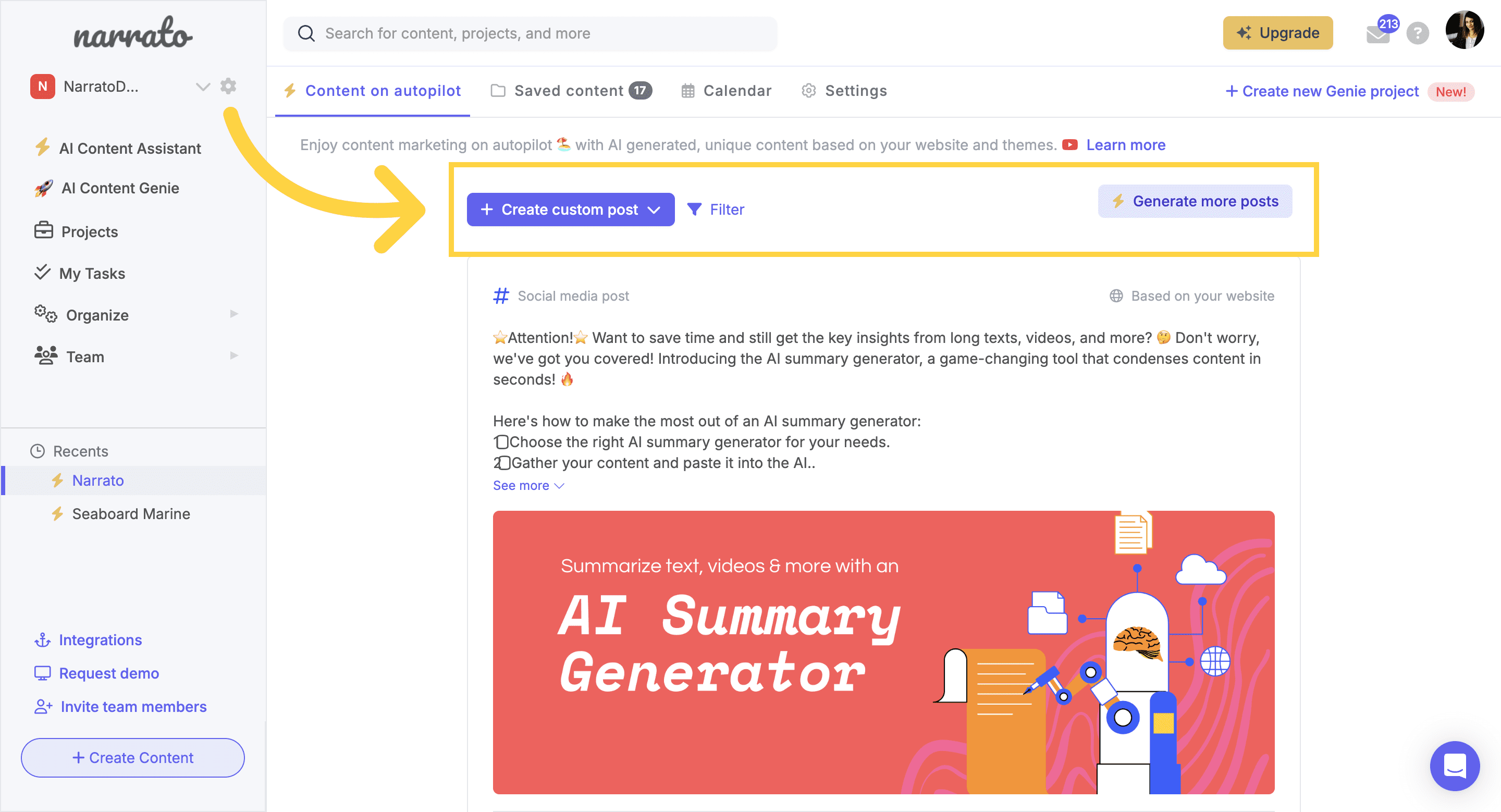 Generate custom (or more) posts on AI Content Genie