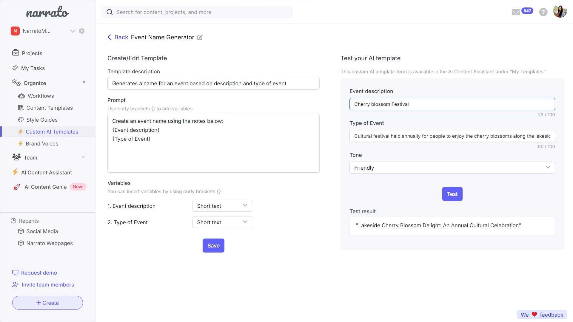 Custom AI templates on Narrato