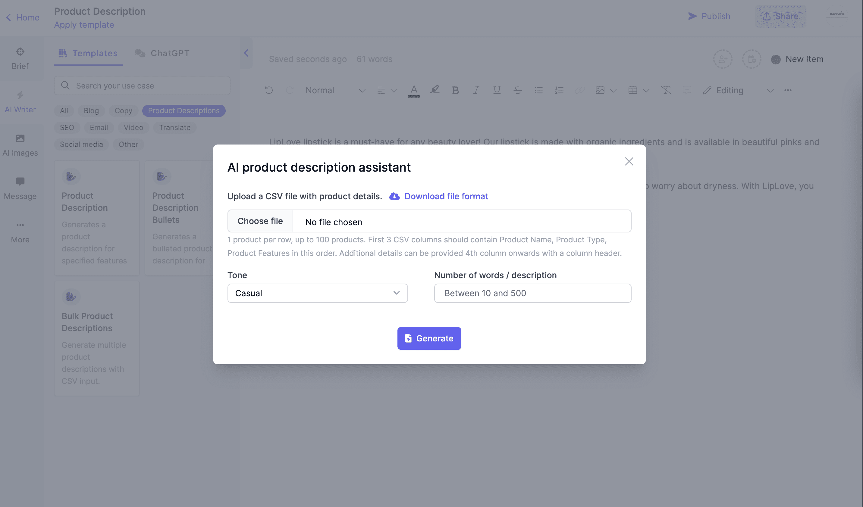 AI product description generator on Narrato