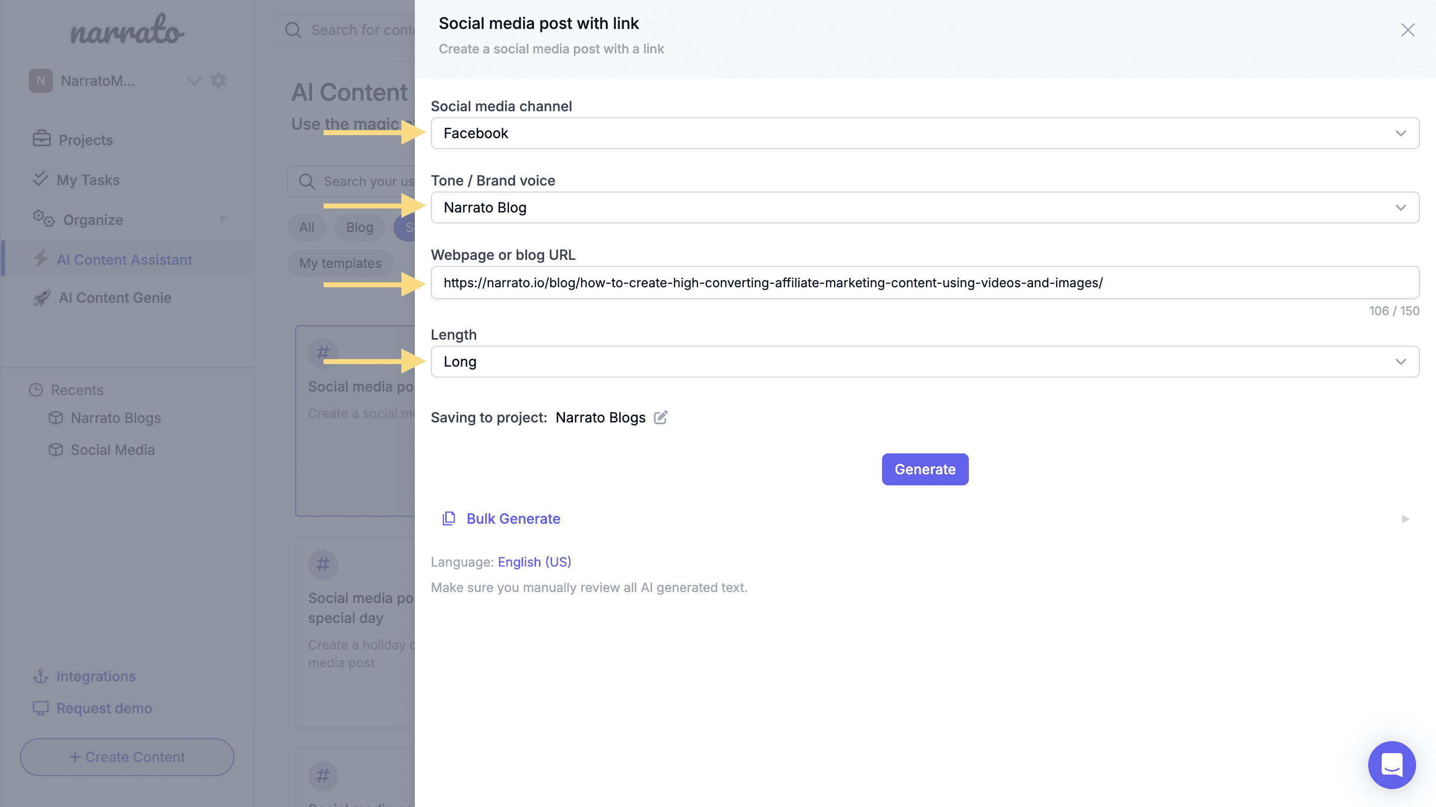 Providing input to the AI Facebook post generator