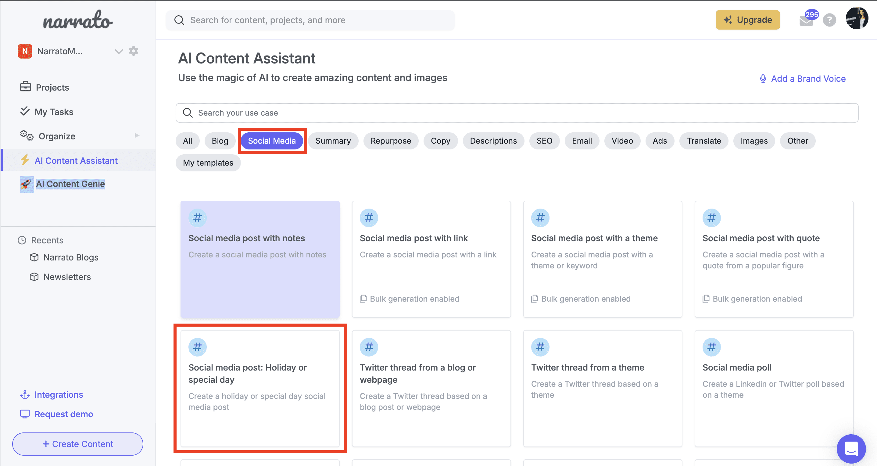 AI social media holiday posts generator  template on Narrato