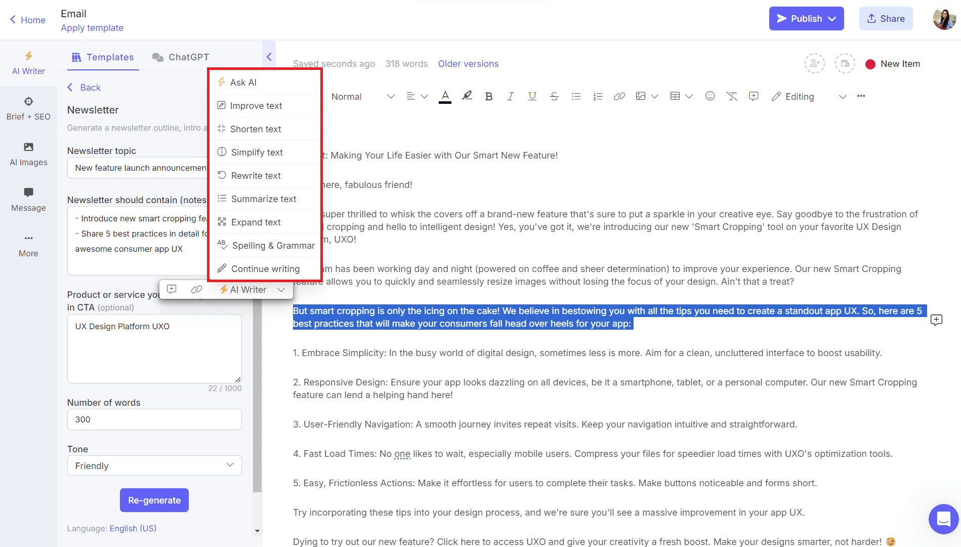 In-line AI assistant on Narrato