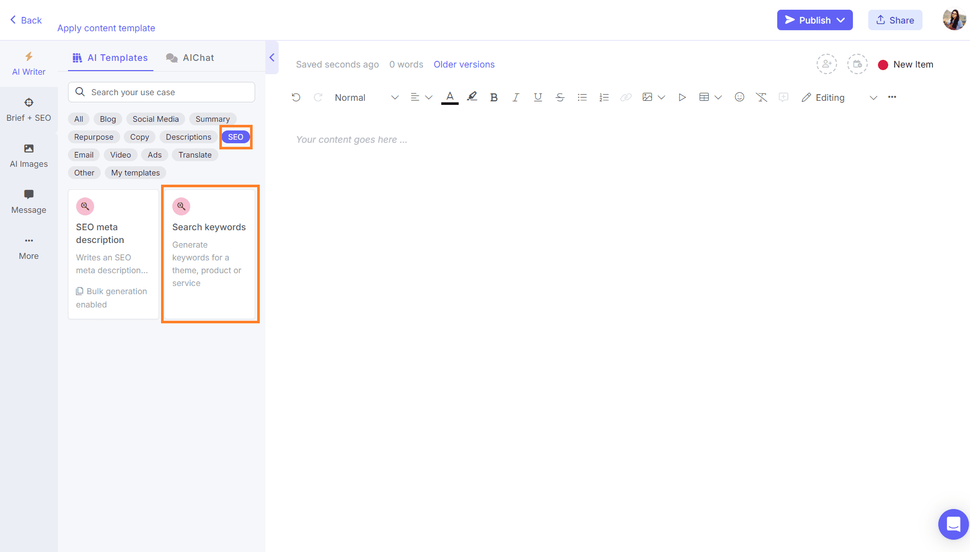 AI keyword generator on Narrato