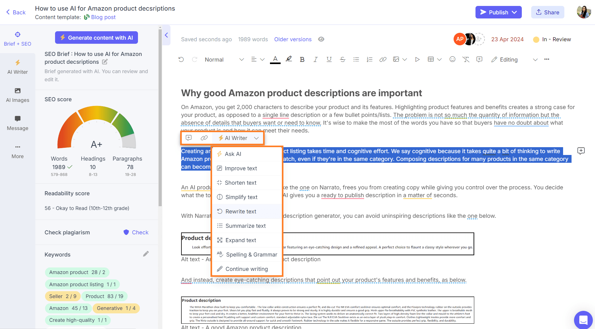 Use Narrato's in-line AI assistant to edit content
