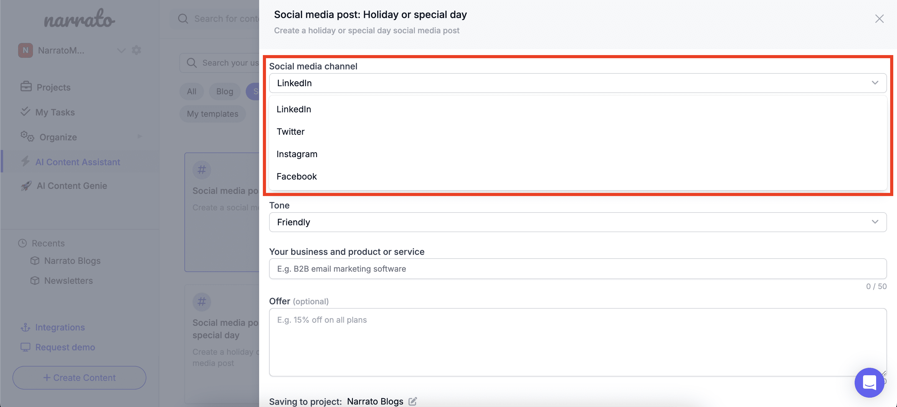 AI social media holiday posts generator  template on Narrato