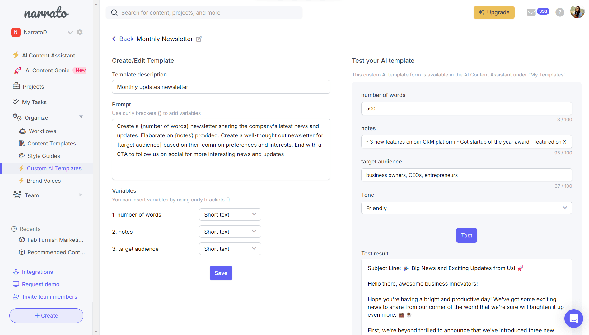 Custom AI templates on Narrato