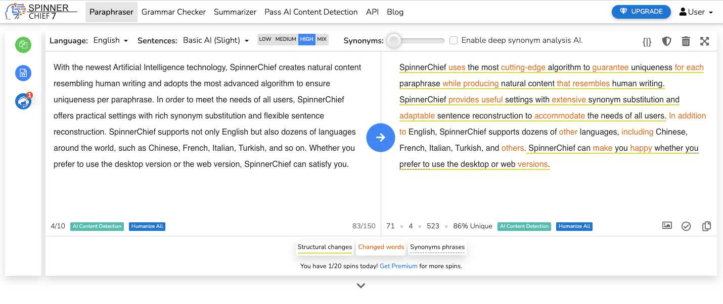 SpinnerChief AI rewriting tools